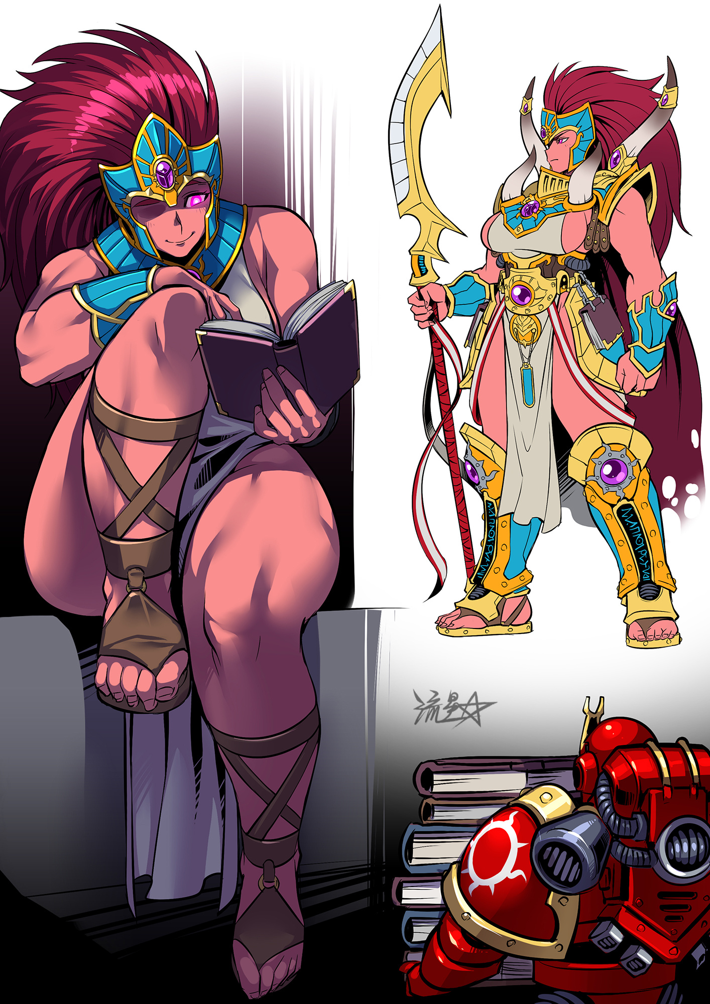 1girls, belly, belly button, big breasts, breasts, child bearing hips, cnmbwjx, female, female focus, female only, genderswap (mtf), long hair, magnus the red, massive breasts, no bra, pose, posing, primarch, reading, reading book, red body, red eyes, red hair, rule 63, ryuusei (mark ii), sideboob, smile, thick hips, thick legs, thick thighs, warhammer (franchise), warhammer 40k