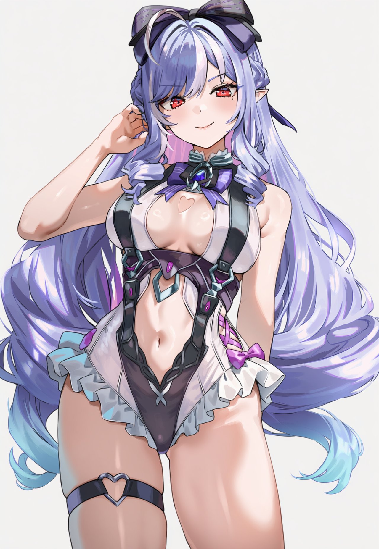 1girls, breasts, exposed breasts, female, hoyoverse, legs, long hair, mihoyo, official alternate costume, purple hair, red eyes, swimsuit, tencarcyan, vivian banshee, vivian banshee (iris of the shore), white swimsuit, zenless zone zero