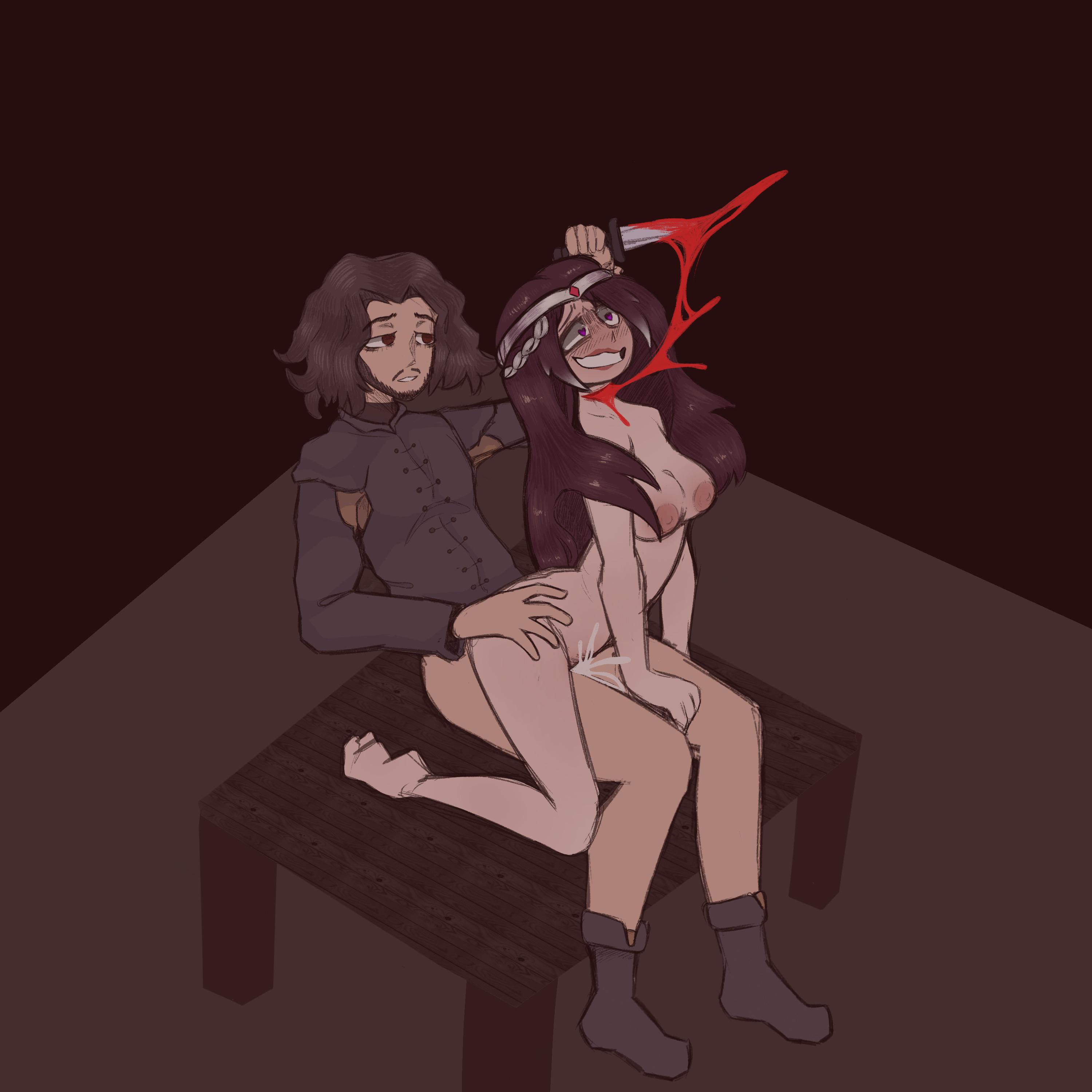 1boy, 1boy1girl, 1girls, aerolae, beard, blood, blood from neck, blood on weapon, blood spray, blush, blushing female, breasts, breasts out, brown hair, brown-haired female, brown-haired male, consensual snuff, crazy eyes, cum, cum in pussy, cum inside, dagger, death, facing away, female, female death, female on top, from behind, galaxiedraws, guro, hand on hip, hand on leg, heart-shaped pupils, holding object, holding weapon, jon snow, male, medieval clothing, naked, naked from the waist down, nipples, nude, nude female, nude female bottomless male, partially clothed, partially clothed male, partially clothed male nude female, pussy, reverse upright straddle, sex, sex from behind, slit throat, snuff, straddling, straight, straight sex