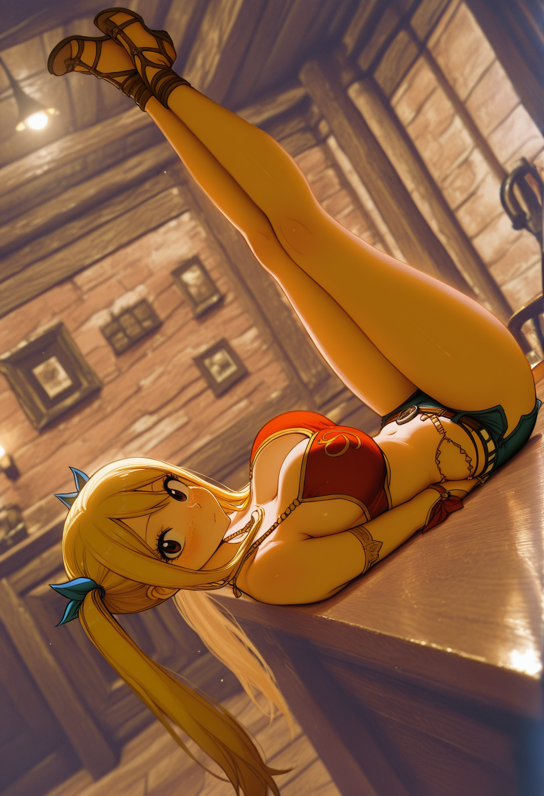 1girls, ai generated, bar, belly dancer, belly dancer outfit, big breasts, blonde hair, blonde-haired female, breasts, brown eyes, fairy tail, female, female only, long hair, lucy heartfilia, lucy heartfilia (belly dancer), lying, lying on back, lying on table, realistic, realistic background, realistic textures, red clothing, runu sera, table, twintails