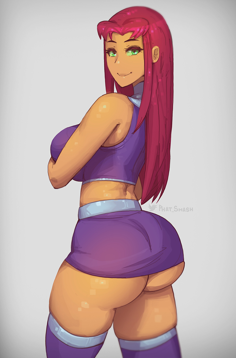 1girls, alternate breast size, ass, big breasts, breasts, cartoon network, dc, dc comics, female, female only, green eyes, huge ass, huge breasts, humanoid, large breasts, looking at viewer, phat smash, simple background, solo, solo female, solo focus, starfire, teen titans, thick thighs, wide hips