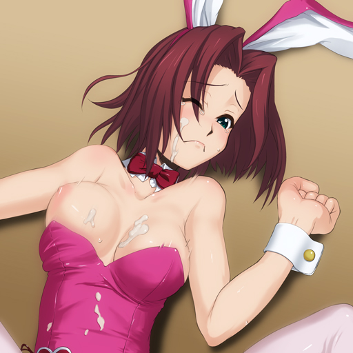 :< bowtie breasts bunny_ear bunny_girl bunnysuit caryo code_geass cum cum_on_body cum_on_breasts cum_on_clothes cum_on_upper_body facial female frown green_eyes kallen_stadtfeld nipples pantyhose pink_legwear red_hair spread_legs tam2 wardrobe_malfunction wince wink wrist_cuffs