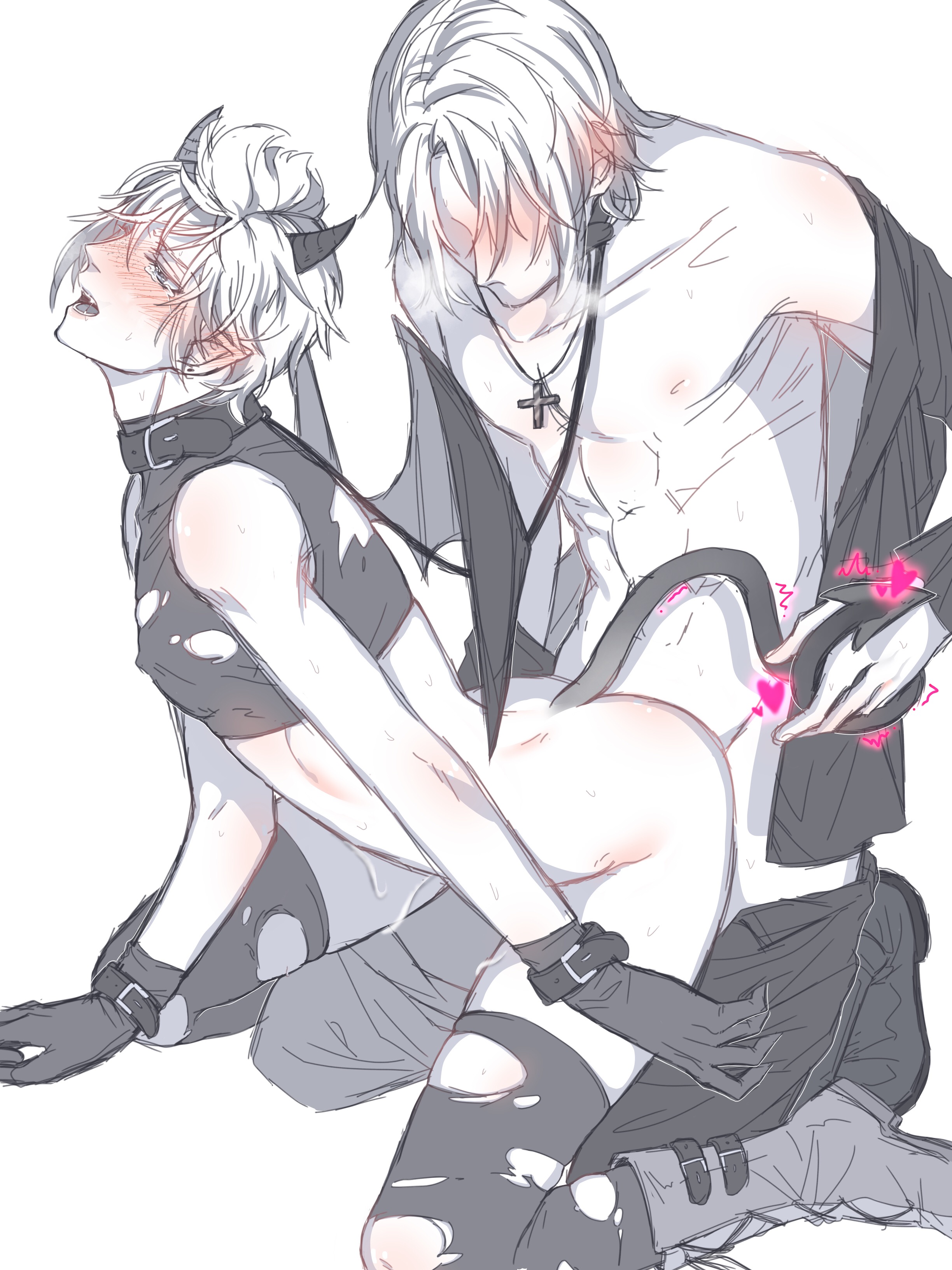 2boys, anal, artist request, blush, cat boy, catboy, demon, drooling, faceless male, final fantasy, final fantasy xv, horns, male, male only, multiple boys, multiple males, penetration, prompto argentum, sex, tail, tears, thrusting, torn clothes, yaoi