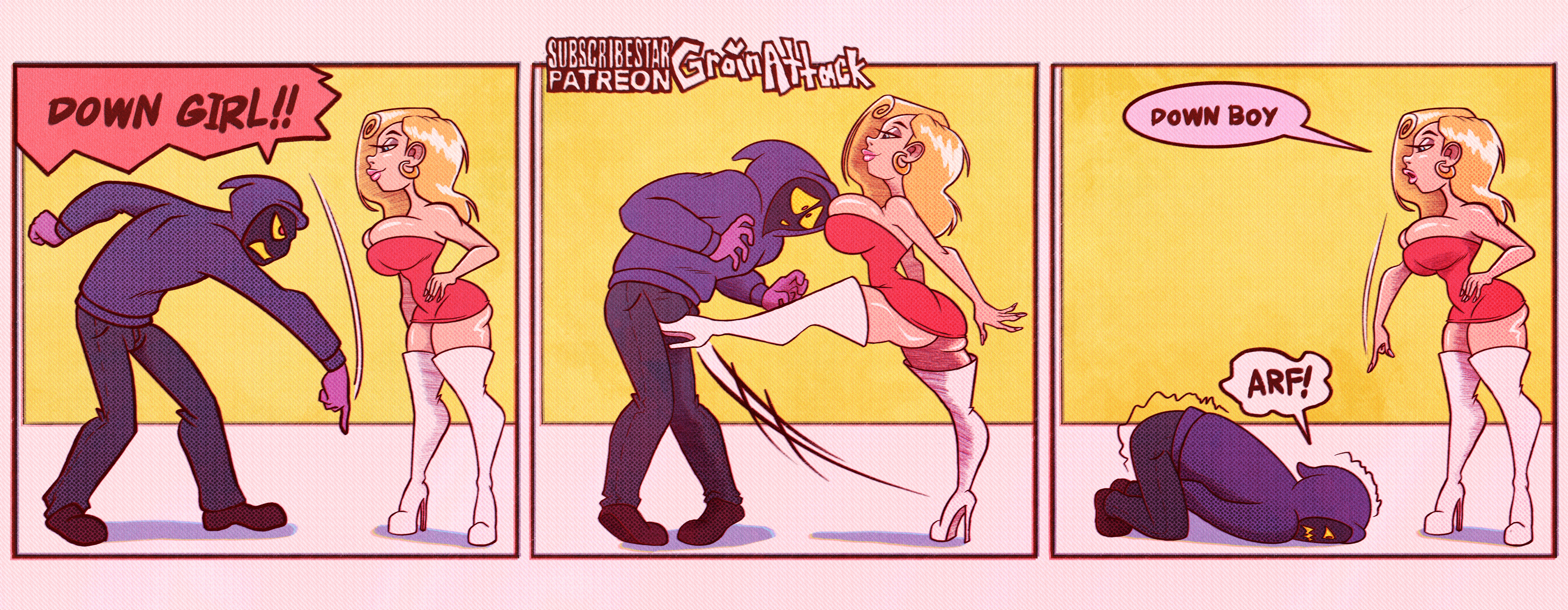 1boy, 1boy1girl, 1female, 1girls, 1male, 2d, 2d (artwork), adult, adult female, adult male, archie comics, ballbusting, balls, ben-day dots, big breasts, blonde female, blonde hair, blonde hair female, blonde-haired female, boots, breasts, bulge, bulge through clothing, bulge under clothes, cbt, cock and ball torture, cock and balls torture, comic, comic strip, dominant, dominant female, domination, female, female dominating male, female domination, femdom, groinattack3, high heel boots, high heels, huge breasts, male, meme, meme reference, original, original character, original characters, penis, red dress, thigh boots, thigh highs, thighhigh boots, thighhighs, thighs, tight dress, white boots