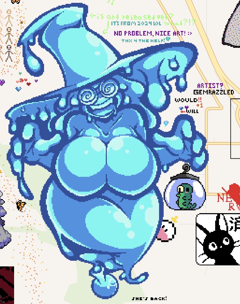 blue body, blue eyes, blue hair, blue skin, bottle, bottle insertion, breasts, character request, female, gemrazzled, grub (hollow knight), hollow knight, pixel art, slime, slime girl, swirly eyes, swirly glasses, witch, witch hat, wplace