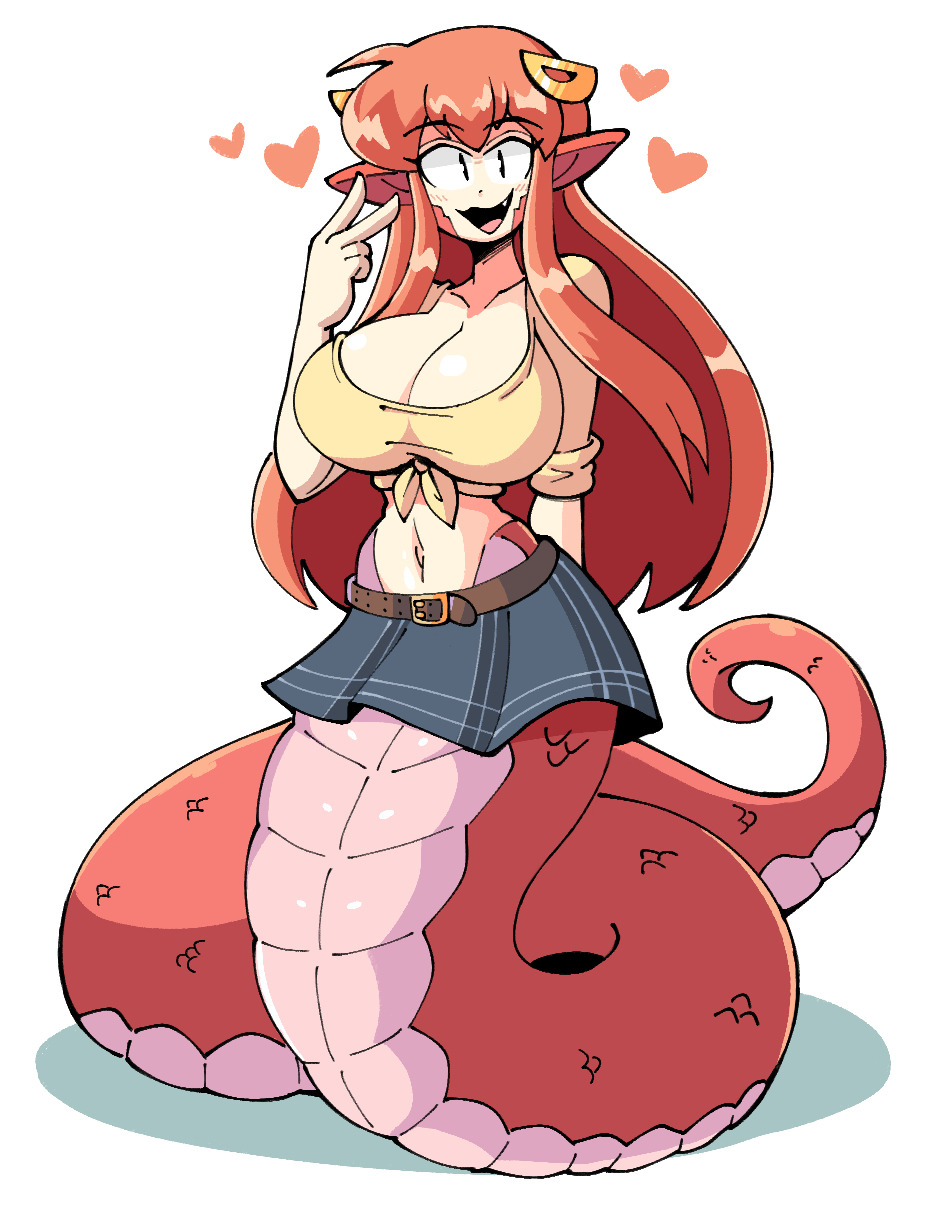 belt, breasts, cleavage, cute fang, female, heart, highres, kevin arthur, lamia, large breasts, long hair, looking at viewer, midriff, miia (monster musume), miniskirt, monster girl, monster musume no iru nichijou, naga, navel, open mouth, pointy ears, red hair, red scales, scales, shirt, skirt, sleeves rolled up, slit pupils, smile, snake, solo, straight hair, tail, tied shirt, v