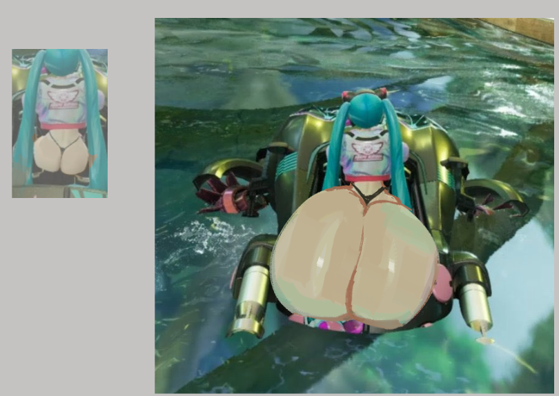 1girl, aqua hair, ass, bikini, blue hair, bubble butt, car, crop top, dat ass, edit, from behind, gigantic ass, hatsune miku, hatsune miku (sonic racing crossworlds), huge ass, hyper, hyper ass, jacket, long hair, mod, panties, reference inset, screenshot, shiny ass, solo, sonic (series), sonic racing crossworlds, swimsuit, tboxart, thong, twintails, vocaloid, water