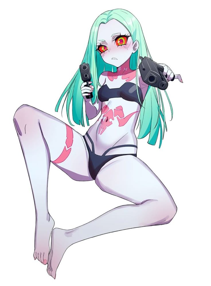bikini, blue hair, breasts, clothing, cyberpunk (series), cyberpunk 2077, cyberpunk: edgerunners, eye contact, feet, feet together, female, firearm, gun, gunpoint, half naked, half-dressed, handgun, human, pale skin, rebecca (edgerunners), red eyes, slim female, small breasts, weapon