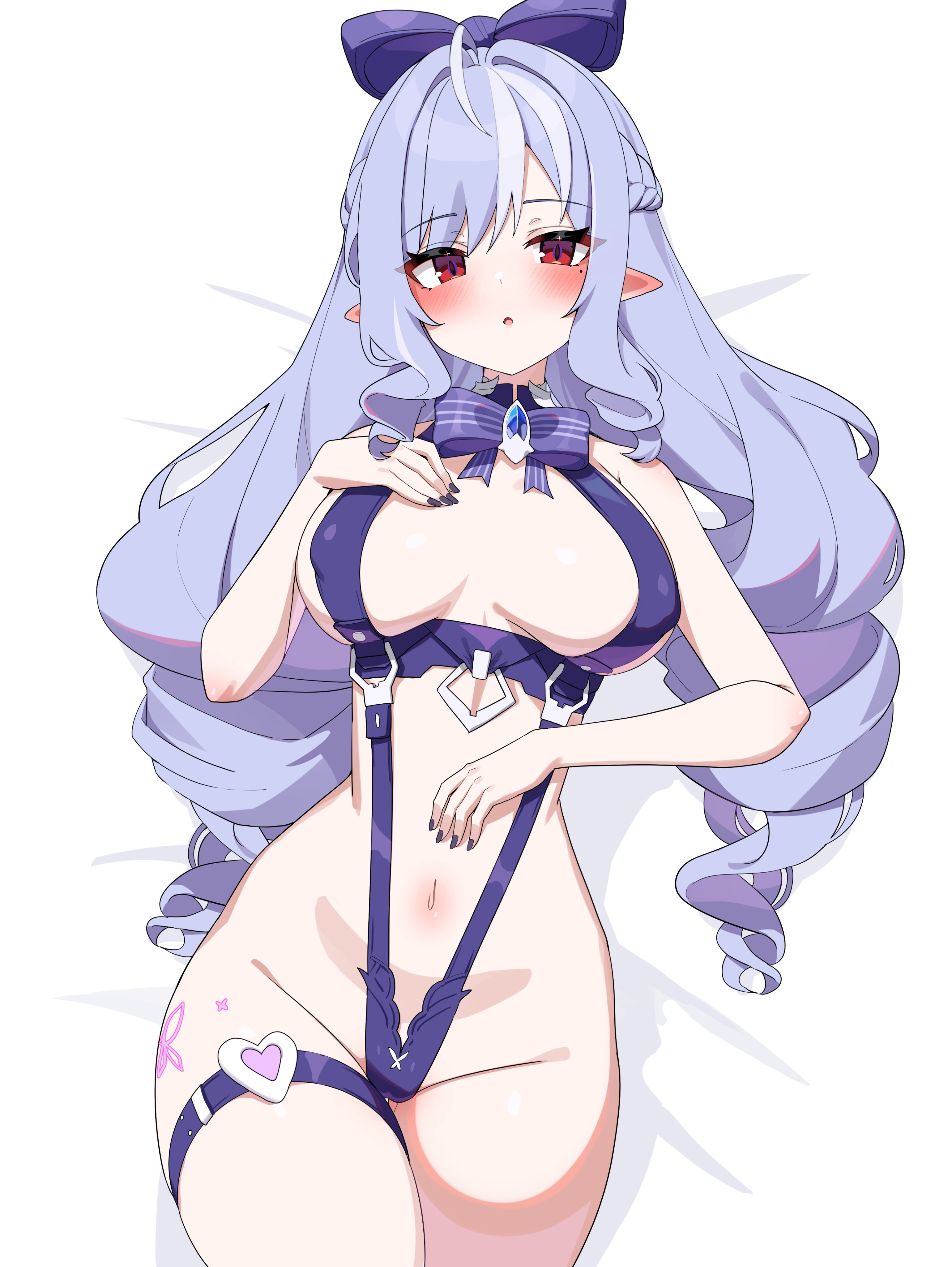 1girls, breasts, exposed breasts, female, hoyoverse, legs, long hair, mihoyo, official alternate costume, on bed, purple hair, red eyes, swimsuit, vivian banshee, vivian banshee (iris of the shore), wak kun, white swimsuit, zenless zone zero