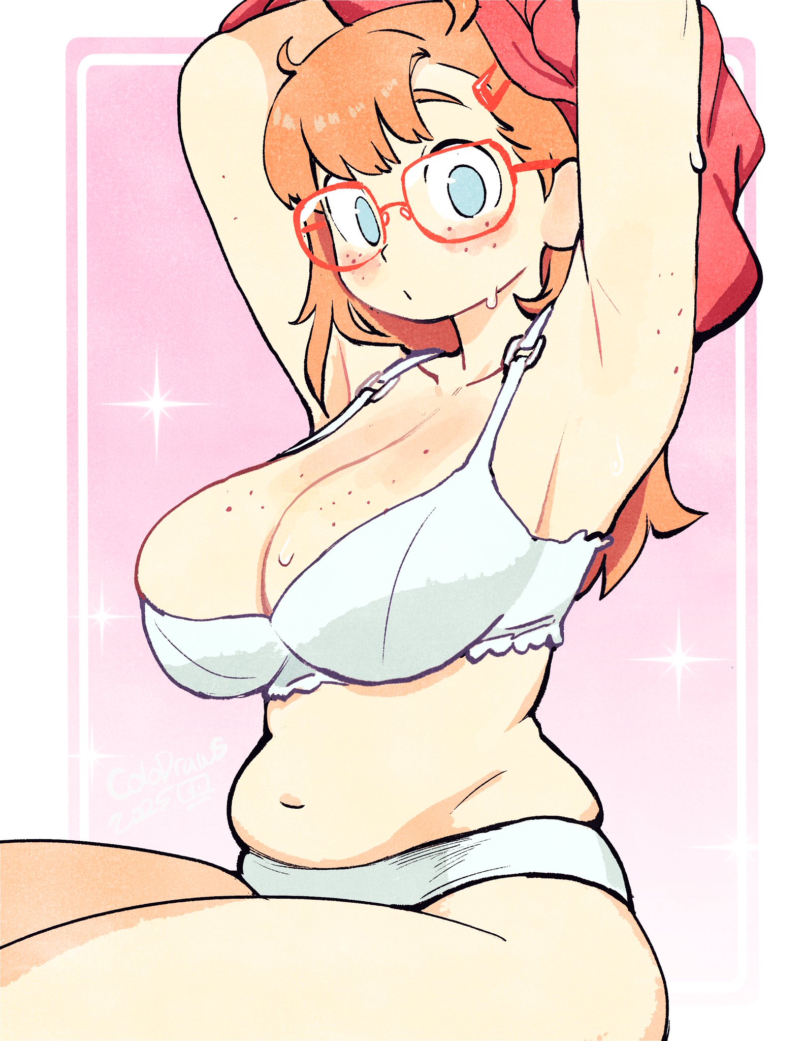 1girls, armpits, bangs, belly, big breasts, blush, breasts, cleavage, colo, female, freckles, glasses, legs together, long hair, looking at viewer, original, portrait, rita (colo), sitting, solo, solo female, solo focus, sweat, sweet hex, taking clothes off, thick thighs, thighs, underwear, voluptuous, voluptuous female, white bra, white panties