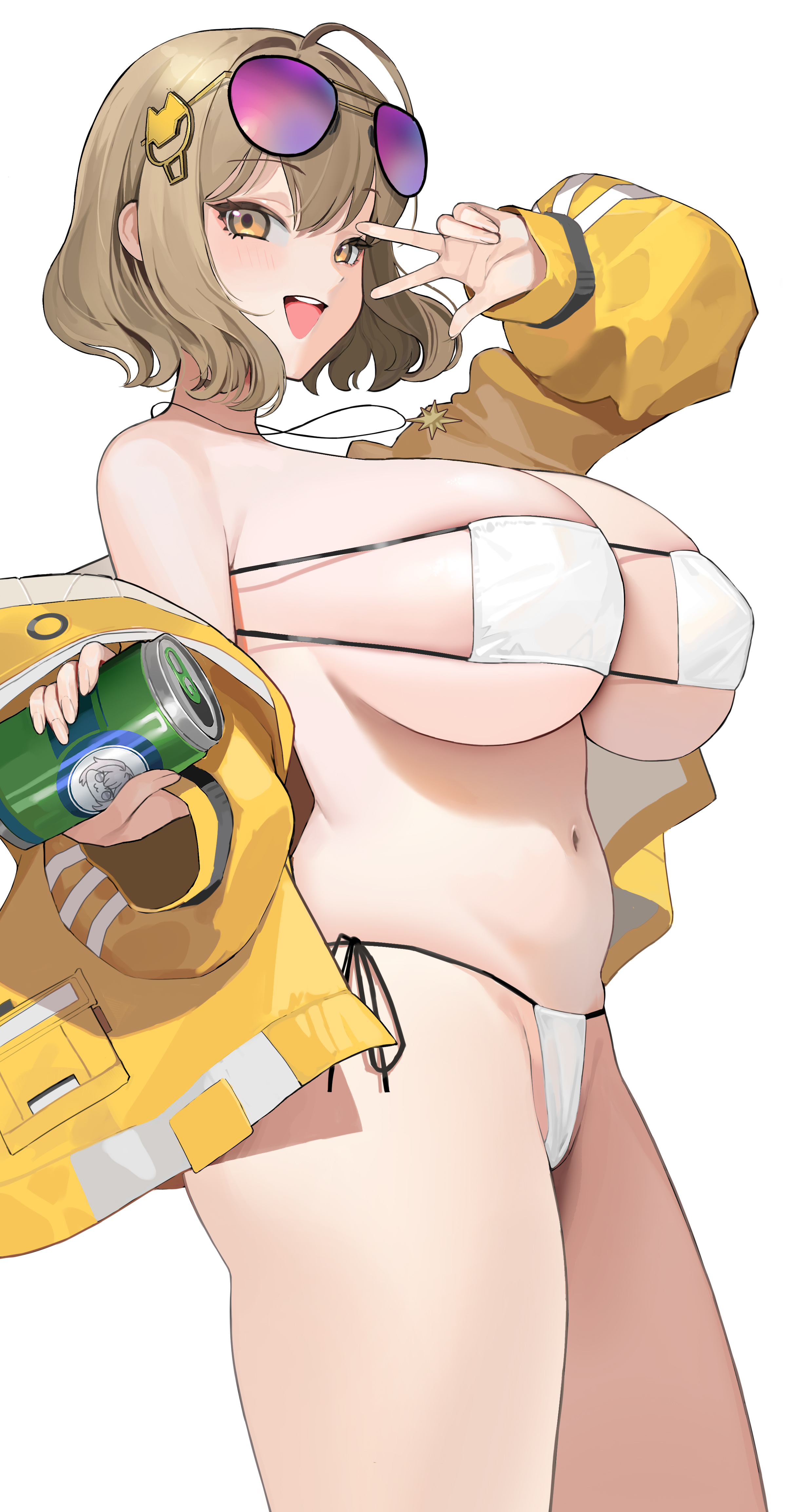 1girls, 767 (pixiv973307689), absurdres, ahoge, anis (nikke), anis (sparkling summer) (nikke), aviator sunglasses, bare shoulders, bikini, blush, breasts, brown eyes, brown hair, can, cleavage, drink can, eyepatch bikini, eyewear on head, female, female only, highres, jacket, large breasts, long sleeves, looking at viewer, navel, open mouth, short hair, smile, soda can, solo, sunglasses, swimsuit, thighs, yellow jacket