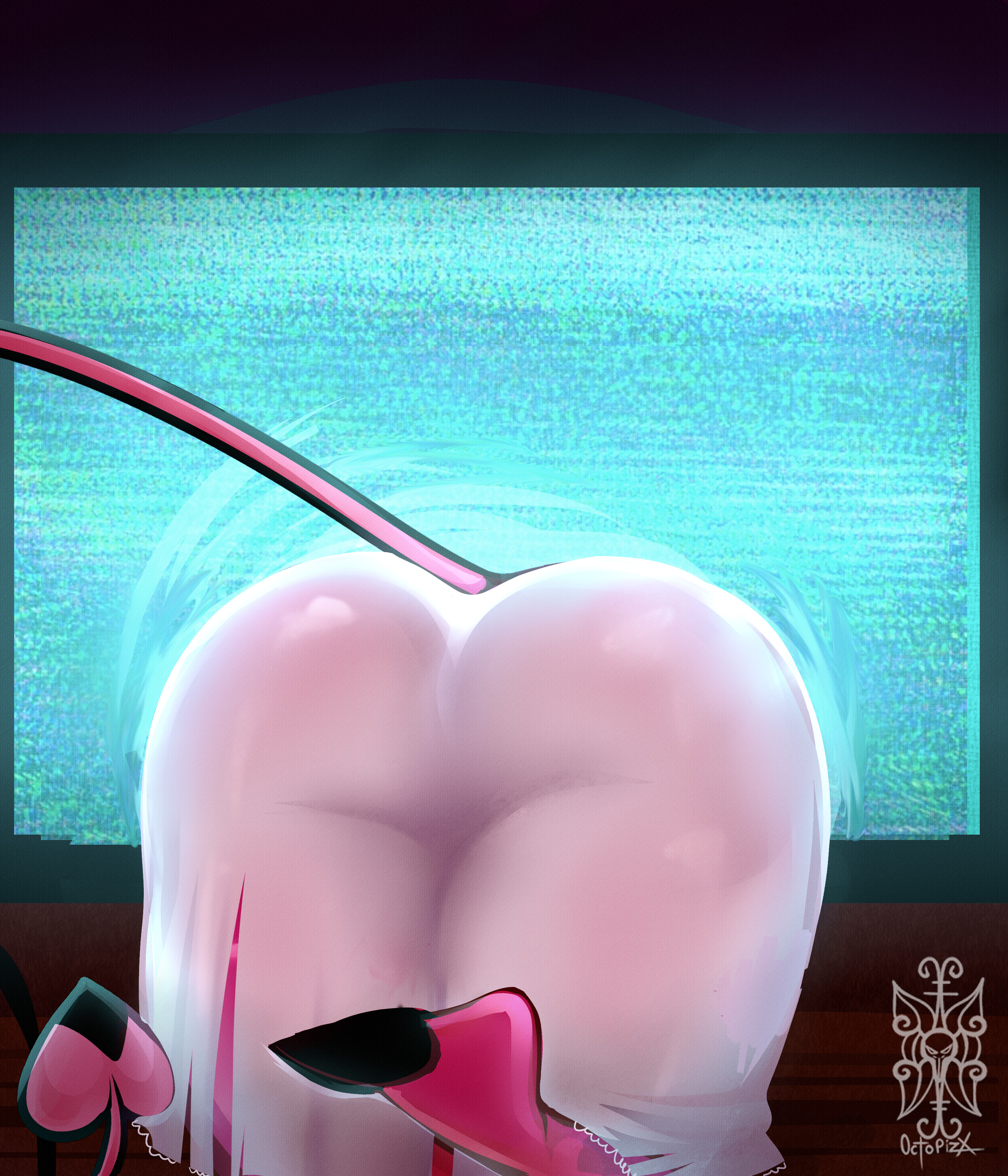 ass, ass focus, demon, demon girl, dress, female, female only, helluva boss, hooves, huge ass, pink body, see-through, tagme, tagme (artist), tail, television, verosika mayday (helluva boss)