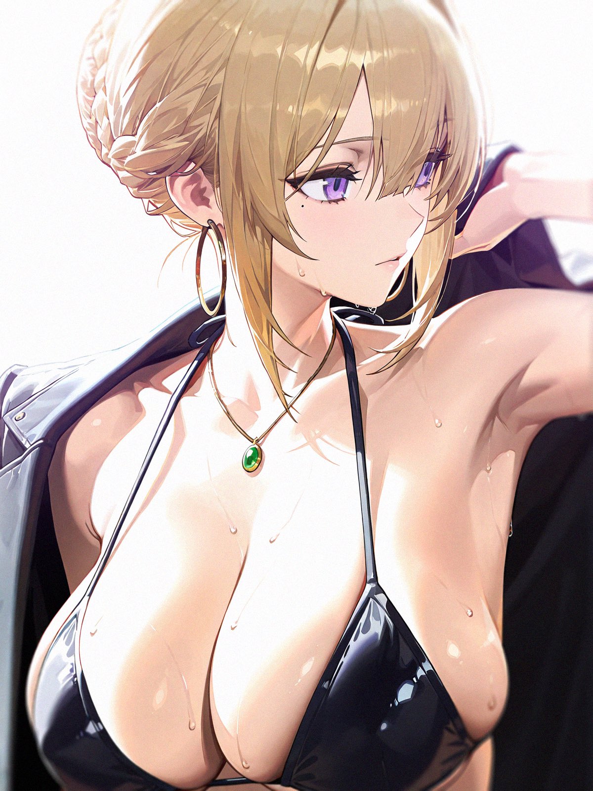 1girls, ai generated, armpits, blonde hair, breasts, evelyn chevalier, female, large breasts, necklace, purple eyes, sideboob, solo, zenless zone zero
