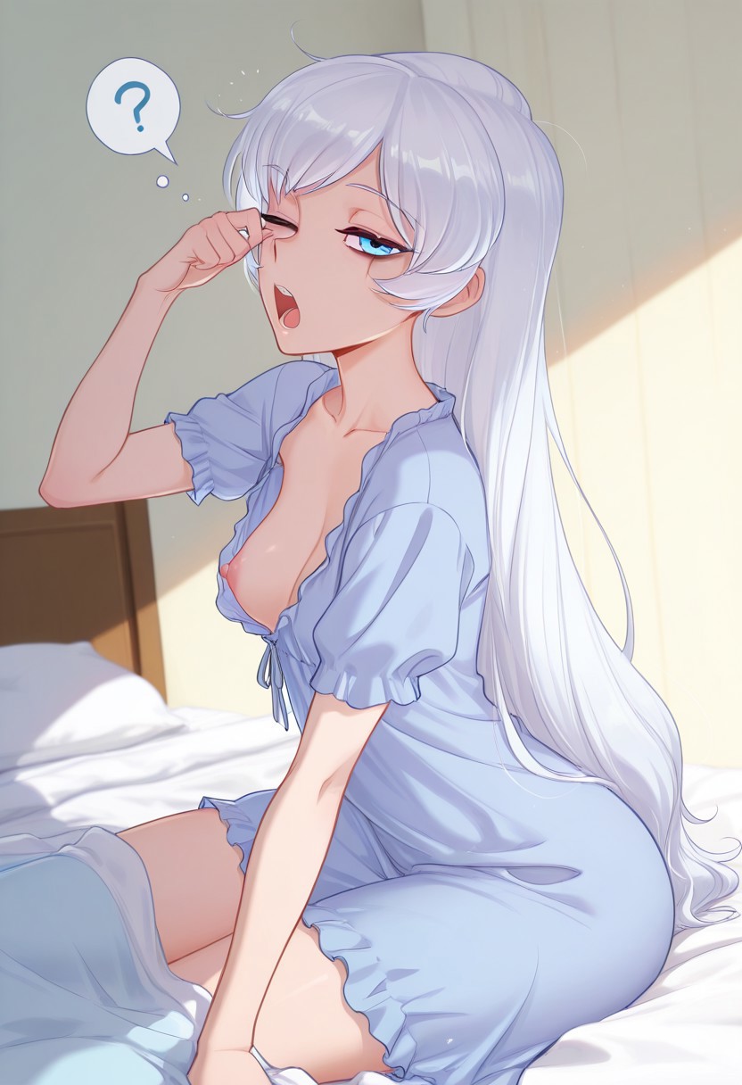 1girls, ai generated, areolae, bed, breasts, female, female only, medium breasts, nipples, on bed, rwby, solo, solo female, tagme, tired, tired eyes, waking up, weiss schnee