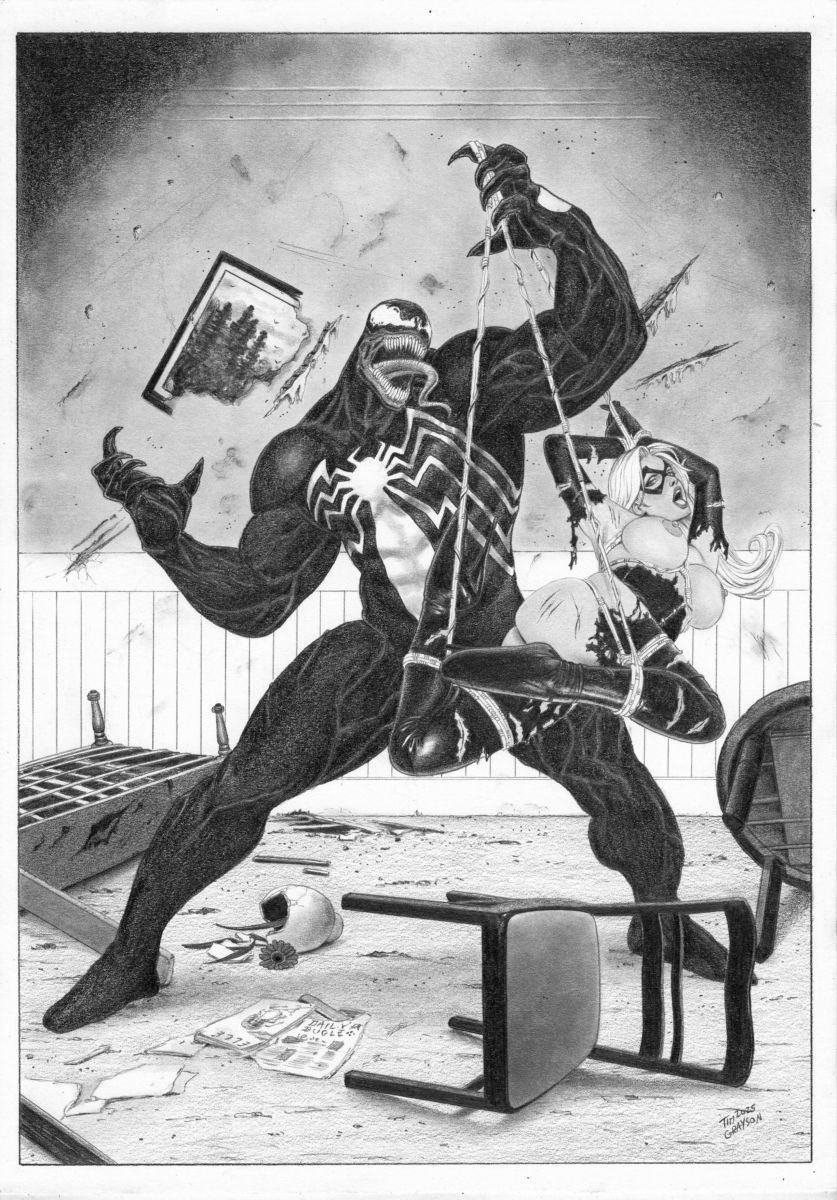 1boy, 1girls, big breasts, black and white, black cat (marvel), blood, bondage, breasts, captured, captured heroine, defeated, defeated heroine, felicia hardy, female, femsub, large breasts, larger male, male, maledom, marvel, marvel comics, mask, nipples, open mouth, scratches, size difference, smaller female, spider-man (series), suspension, tied up, tim grayson, torn clothes, traditional media (artwork), venom (marvel)