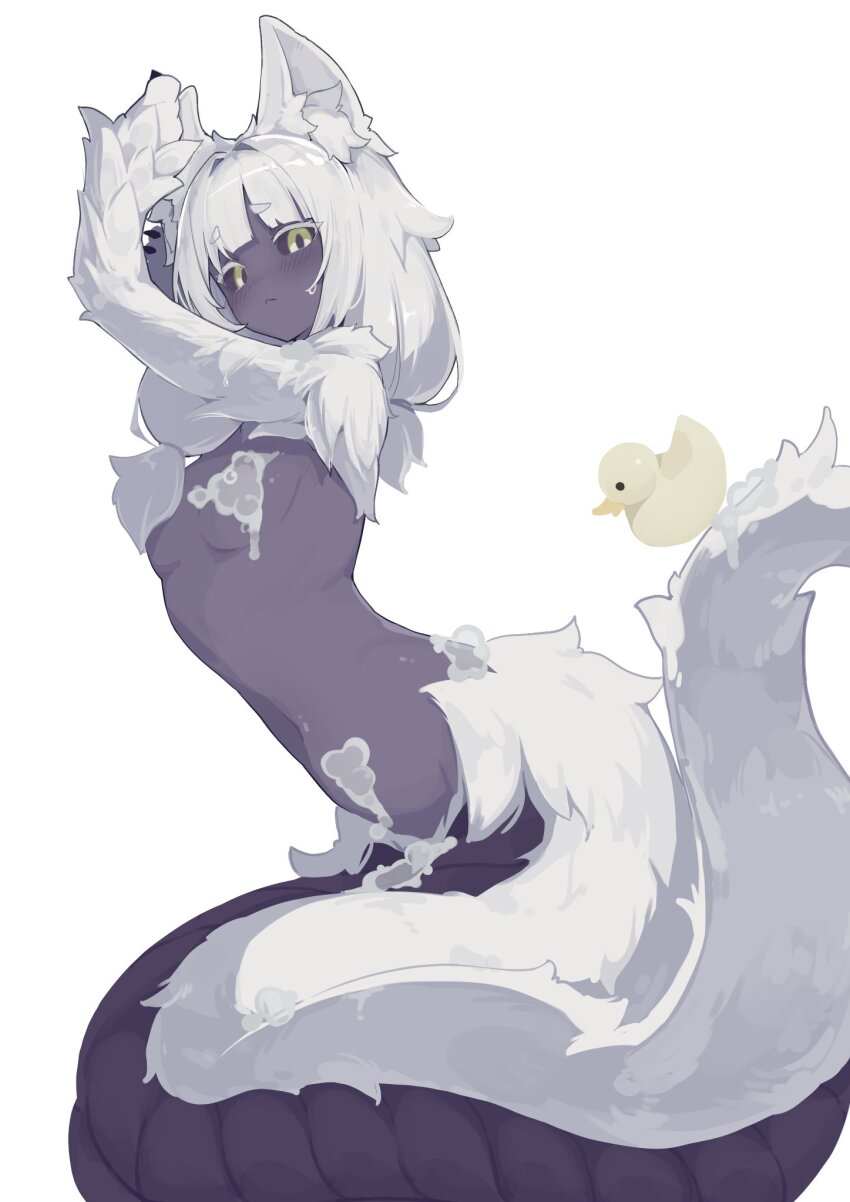 :<, animal ear fluff, animal ears, animal hands, bell orgel, black sclera, black skin, blunt bangs, blush, breasts, bunyip (monster girl encyclopedia), claws, colored sclera, colored skin, commentary, female, fluffy, green eyes, highres, lamia, looking at viewer, monster girl, monster girl encyclopedia, naga, nipples, rubber duck, simple background, small breasts, soap bubbles, solo, white background, white fur, white hair