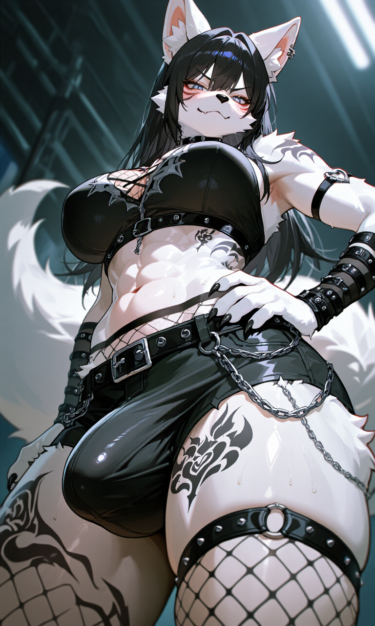 ai generated, bulge, bulge through clothing, fishnet legwear, fishnets, fox, furry, futa only, futanari, intersex, looking at viewer, looking down, looking down at viewer, original character, smirk, smirking, smirking at viewer, tattoos, teell