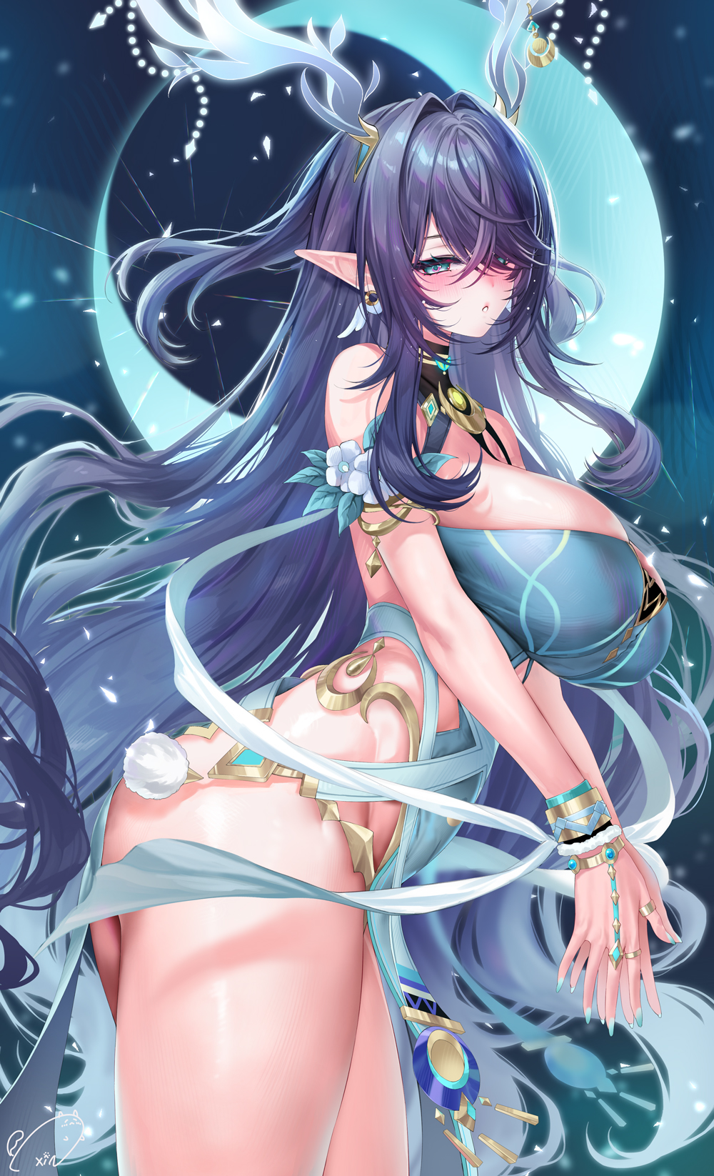 antlers, blue eyes, blue hair, blush, breasts, dress, female, female only, genshin impact, horns, large breasts, lauma (genshin impact), long hair, looking at viewer, nail polish, pointy ears, sleeveless, weisuoxin