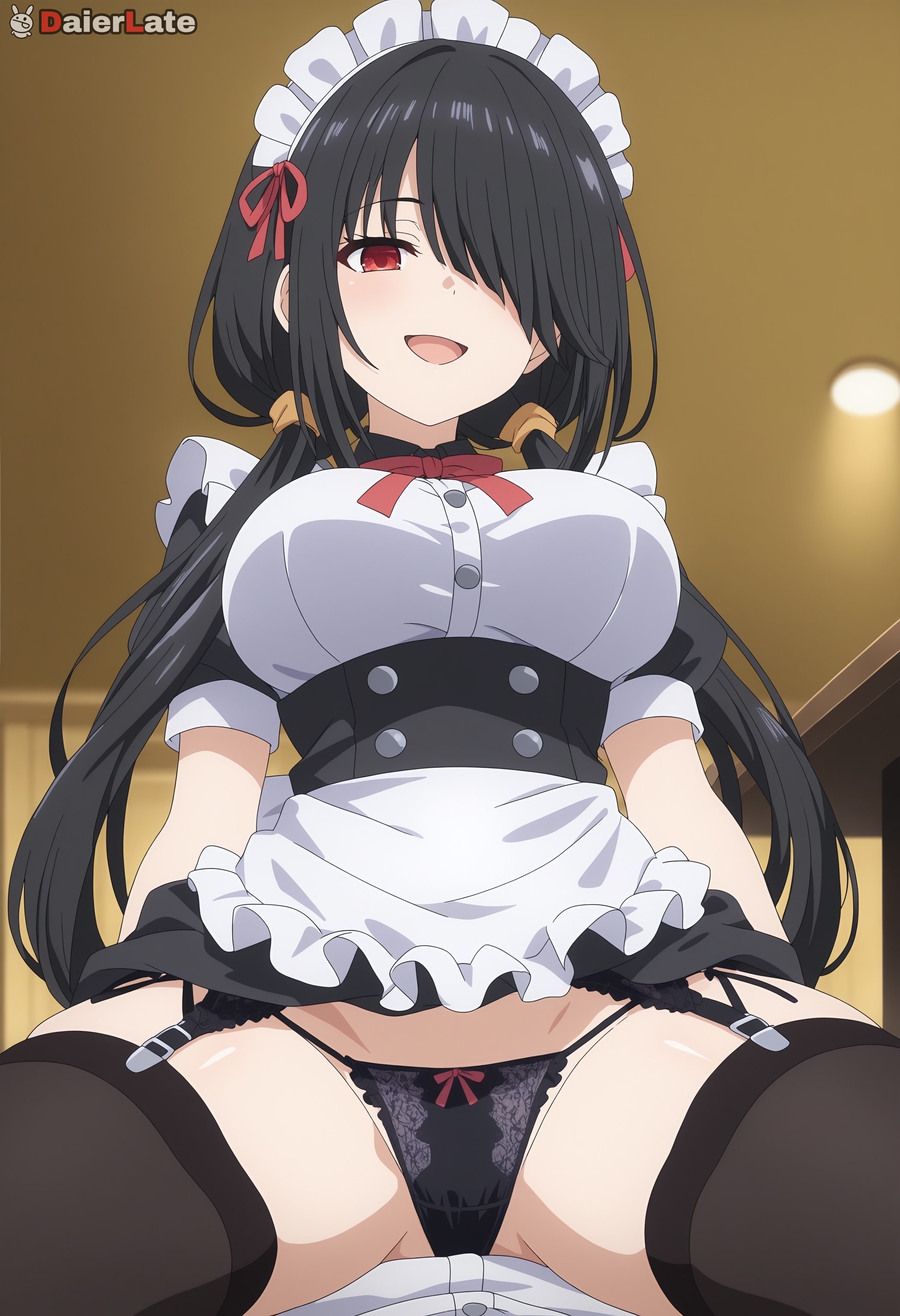1boy, 1girls, ai generated, ass, black hair, breasts, daierlate, date a live, female, light-skinned female, male, panties, red eyes, stockings, tagme, tokisaki kurumi