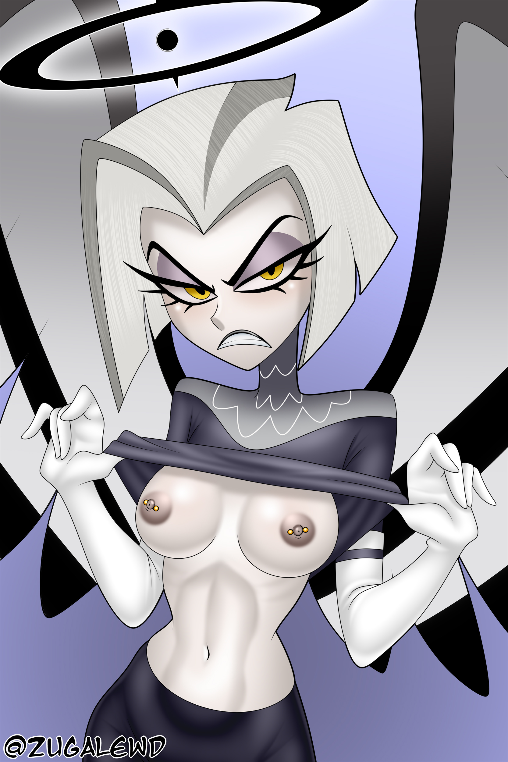 1girls, 2d, 2d (artwork), angry, breasts, embarrassed, female, flashing, frown, grimace, hazbin hotel, looking at viewer, lute, lute (hazbin hotel), medium breasts, nipple piercing, nipples, pierced nipples, piercing, piercings, shirt, shirt lift, shirt up, slim waist, solo, upper body, wide hips, zugalewd