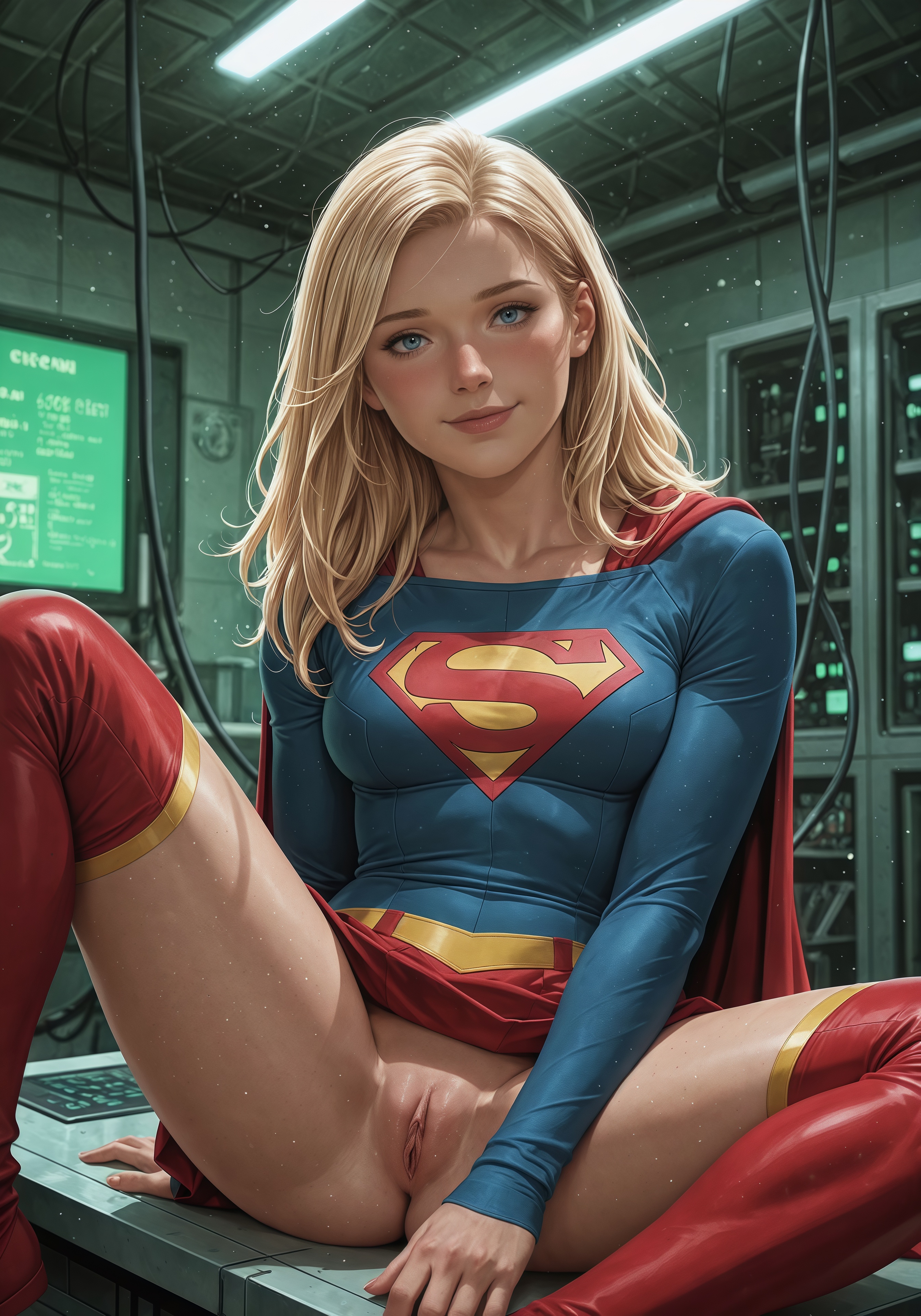 1girls, 2025, 4k, ai assisted, ai generated, artist name, badkarmastudio, blonde hair, blue eyes, bodysuit, boots, bottomless, breasts, cape, dc, dc comics, exposed pussy, female, hi res, high resolution, highres, inviting, kara zor-el, labia, laboratory, leaning back, legs apart, long hair, long sleeves, looking at viewer, no panties, patreon username, presenting pussy, pussy, shaved pussy, sitting, skirt, slim, small breasts, smile, smiling, solo, solo female, spread legs, straight hair, supergirl, superhero, superheroine, superman (series), thigh boots, watermark
