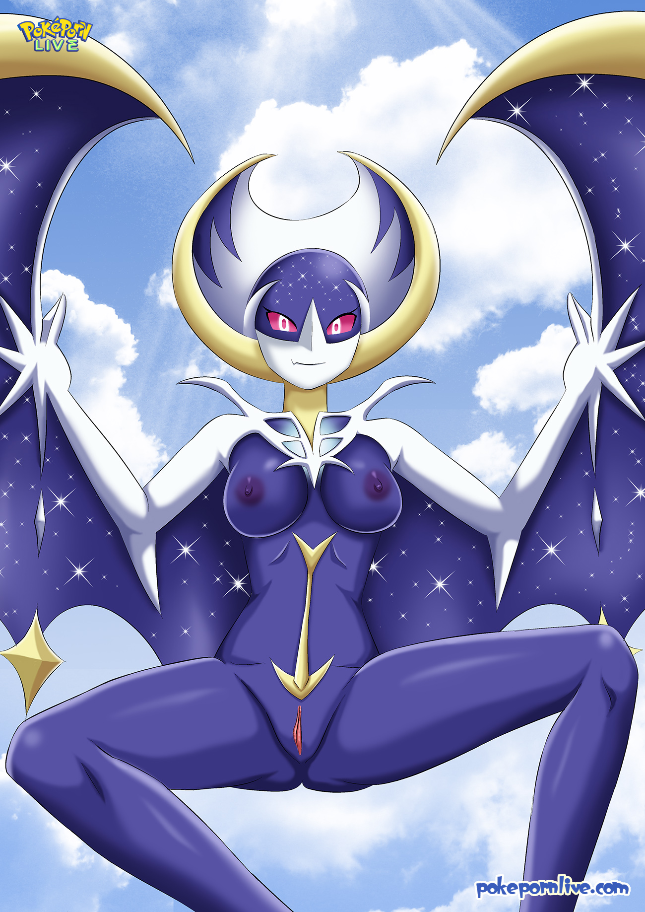 anthro, anthrofied, bbmbbf, breasts, cosmic skin, female, furry, legendary pokemon, looking at viewer, lunala, nintendo, nipples, nude, palcomix, pokemon, pokepornlive, pussy, sky, smile, spread legs, video games