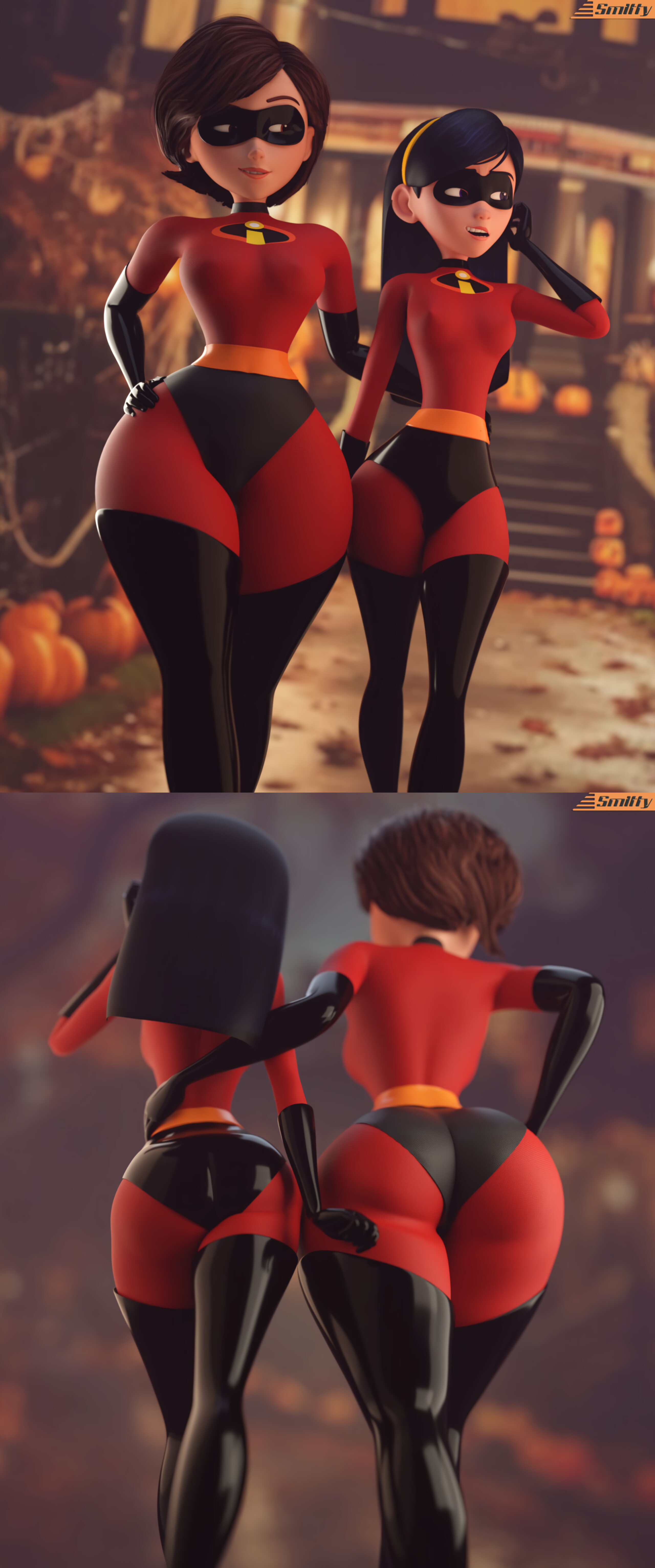 2girls, 3d, 3d (artwork), 3d model, 3d render, ass, ass focus, back view, beautiful, beautiful females, beautiful girl, big ass, big breasts, big thighs, black gloves, black hair, bodysuit, breasts, brown eyes, brown hair, bubble ass, bubble butt, dat ass, daughter, digital media (artwork), disney, elastigirl, female, female focus, female only, front view, hairband, halloween, halloween decoration, hand on hair, hand on hip, helen parr, hourglass figure, hourglass figured female, huge ass, latex, light skin, light-skinned female, logo on clothes, long hair, looking at another, mask, masked female, milf, mother, mother and daughter, nipples visible through clothing, perfect ass, perfect body, perfect legs, pixar, purple eyes, red bodysuit, short hair, smile, smiling, smitty34, superhero, superhero costume, superheroine, teenager, the incredibles, the incredibles 2, thick thighs, tight clothing, tight fit, toned legs, violet parr, walking, wide hips