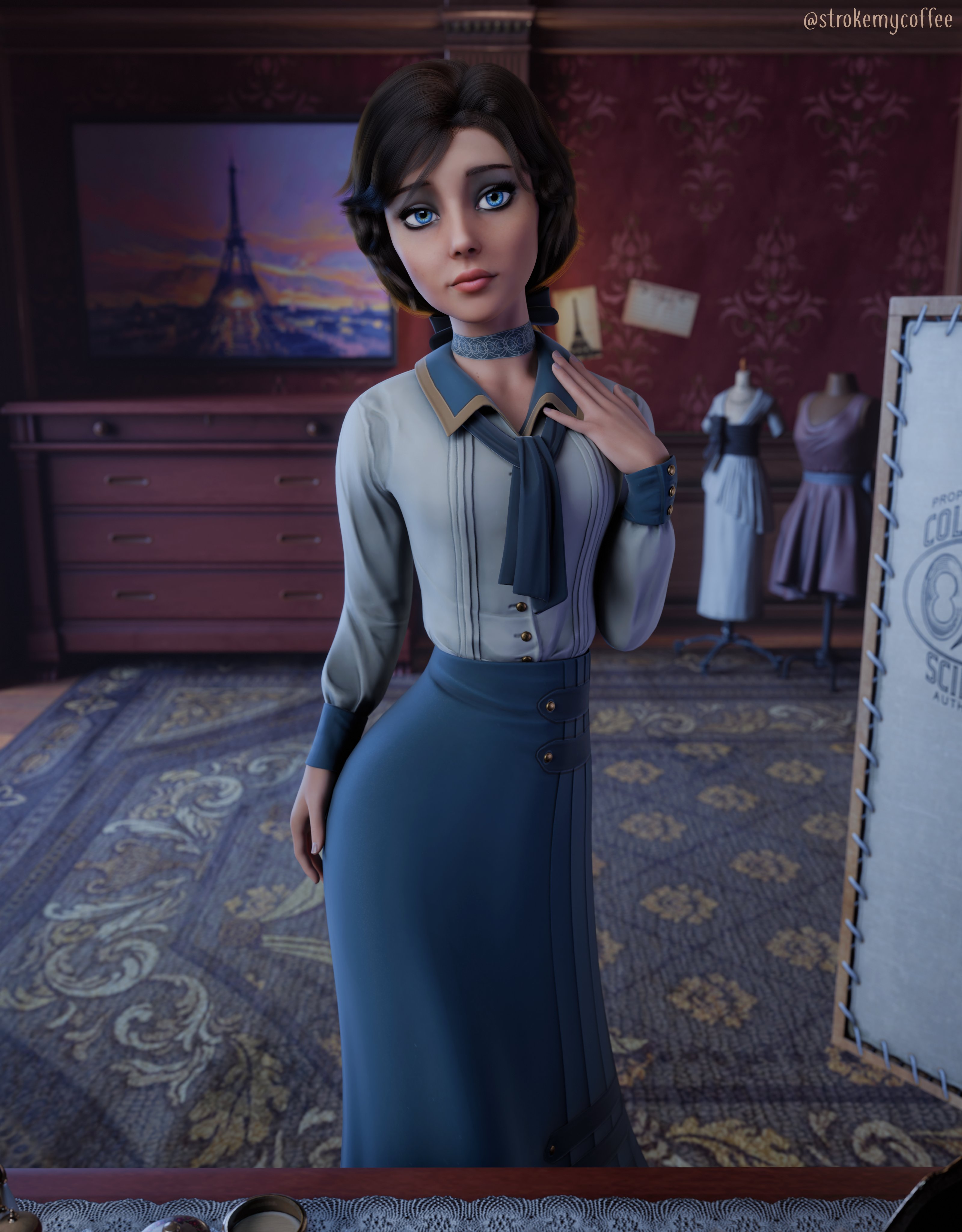 3d, bioshock, bioshock infinite, coffeeforsnails, elizabeth comstock, female, female focus, female only, mirror, ponytail, tagme