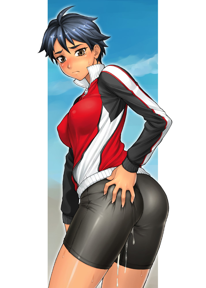 1girls ass ass_grab athlete bang-you bike_shorts black_hair blue_hair blush brown_eyes cum cum_in_clothes cum_in_shorts cum_on_clothes cum_wearing dark_skin embarrassed erect_nipples looking_back original short_hair solo tan tears tomboy track_jacket very_short_hair