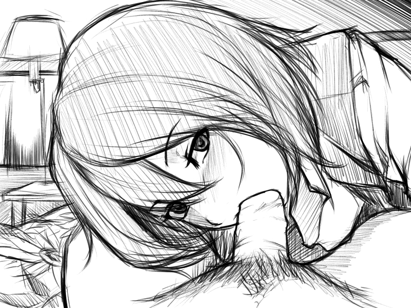 bed blush fellatio female head_tilt kupala kupala_(artist) looking_at_viewer monochrome mouth_hold oral penis short_hair sketch touhou uncensored vest youkai yuka_kazami