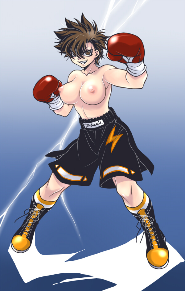 1girls artist_request beige_skin boots boxing boxing_gloves boxing_shorts breasts brown_eyes brown_hair clothes color electricity exposed_breasts eyes female female_only footwear front_view gloves hair hajime_no_ippo human lightning looking_at_viewer mouth open_eyes red_boxing_gloves red_gloves round_ears rule_63 short_hair shorts smile solo spiky_hair standing takeshi_sendo topless