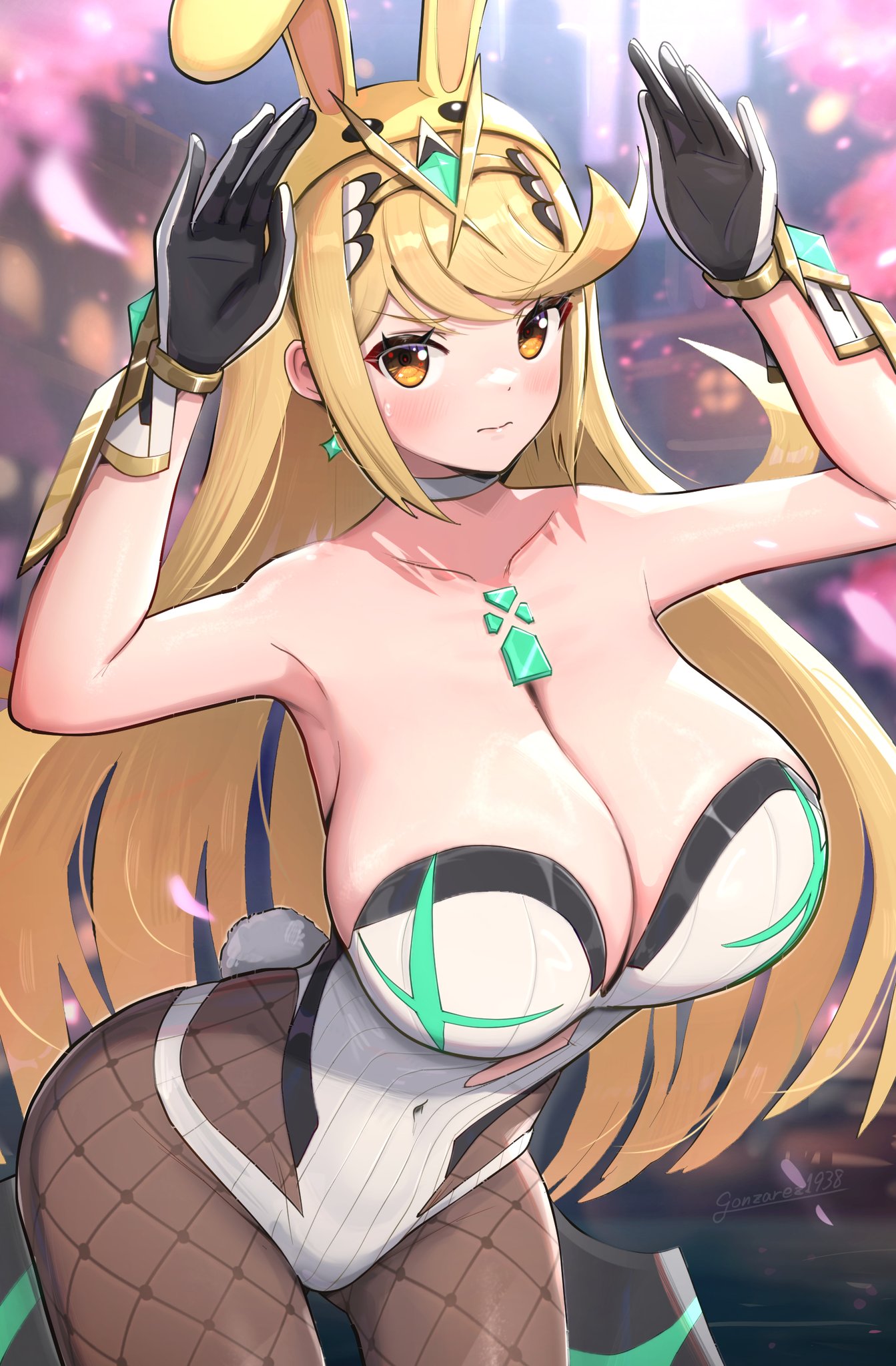 1girls, alternate costume, ass, blonde hair, blush, breasts, bunny costume, bunny ears, bunny girl, bunny pose, bunnysuit, core crystal, curvy, curvy body, curvy female, female, female only, golden eyes, gonzarez, jewelry, large breasts, leggings, leotard, light skin, light-skinned female, long hair, looking at viewer, massive breasts, mythra, nintendo, playboy bunny, super smash bros., super smash bros. ultimate, thick thighs, thighs, tiara, white skin, wide hips, xenoblade (series), xenoblade chronicles 2, yellow eyes