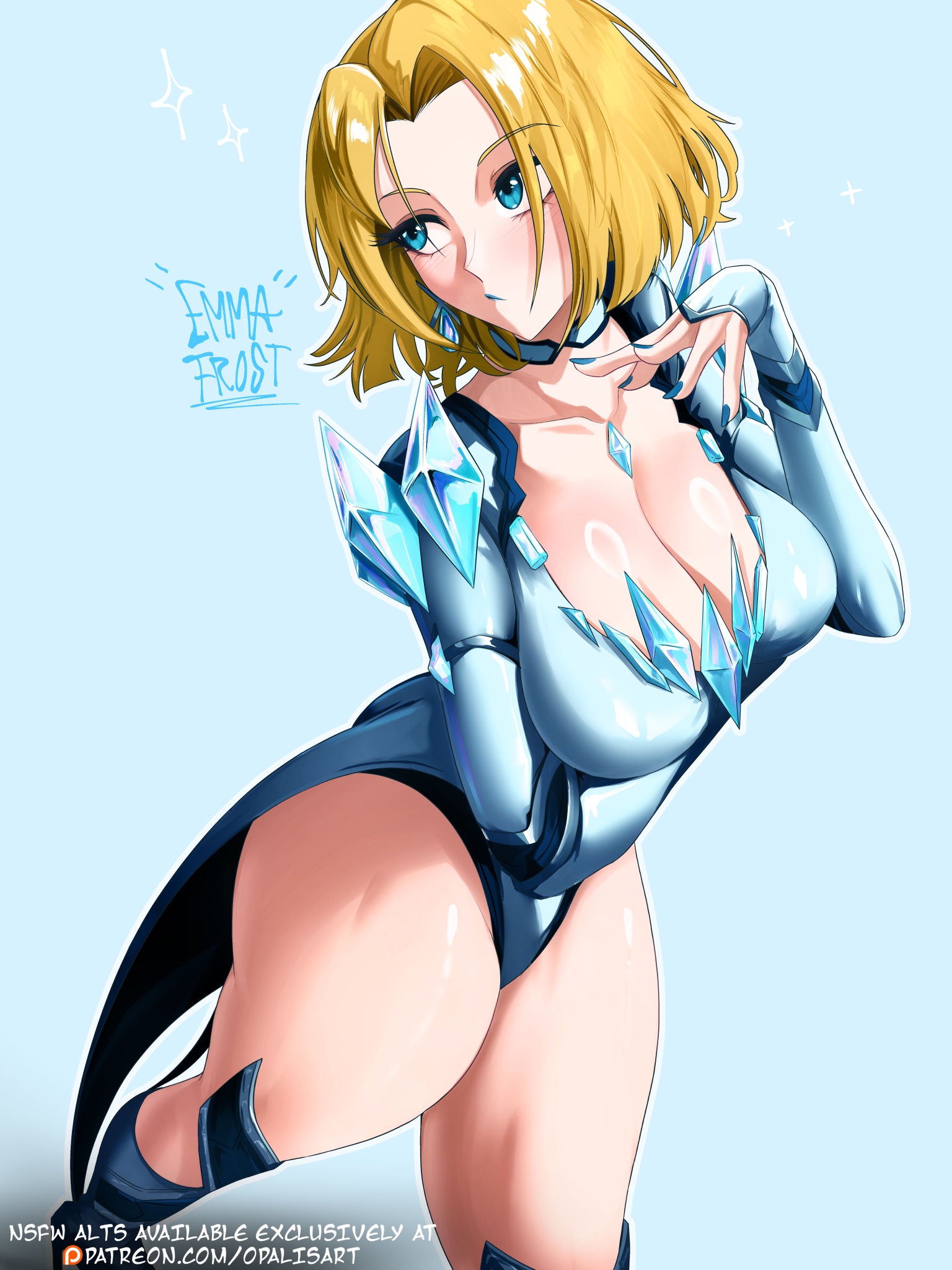 1girls, blonde female, blue lipstick, blue nails, bob cut, boots, breasts, emma frost, emma frost (marvel rivals), female, female focus, female only, hi res, high heel boots, high heels, large breasts, light skin, light-skinned female, looking at viewer, marvel, marvel comics, marvel rivals, opalisart, solo, thick thighs, thighs, wide hips