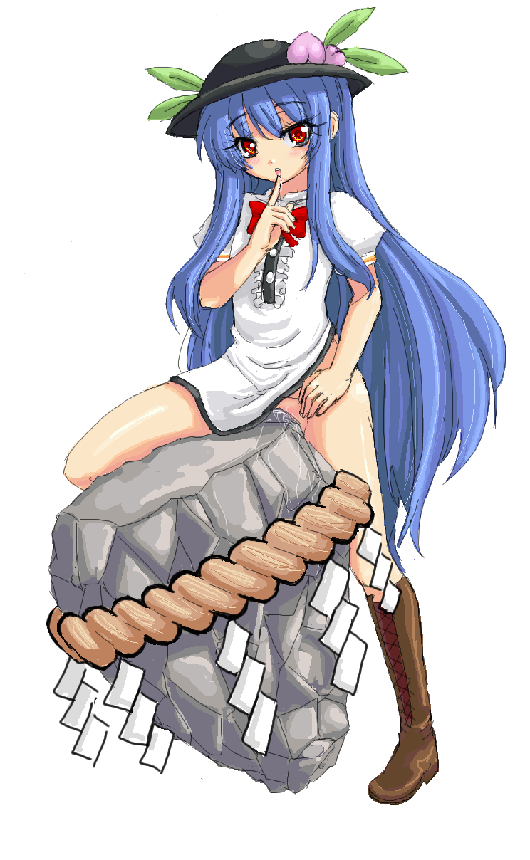 blue_hair bottomless crotch_rub enoko_(zqfebi) food fruit ga_no_kitsune hat highres keystone long_hair masturbation peach_(fruit) pussy_juice red_eyes shimenawa solo tenshi_hinanawi touhou