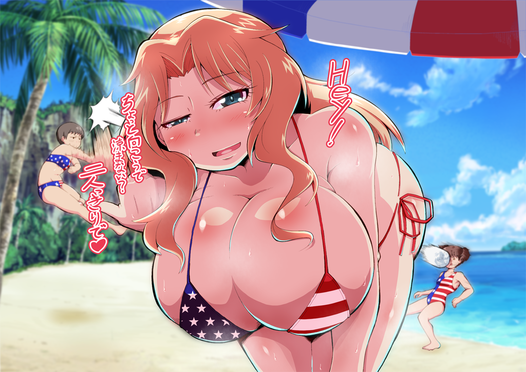 alisa (girls und panzer), american flag bikini, beach, blonde hair, blue eyes, breasts, brown hair, female, girls und panzer, kay (girls und panzer), large breasts, naomi (girls und panzer), po ro ro ka, tagme