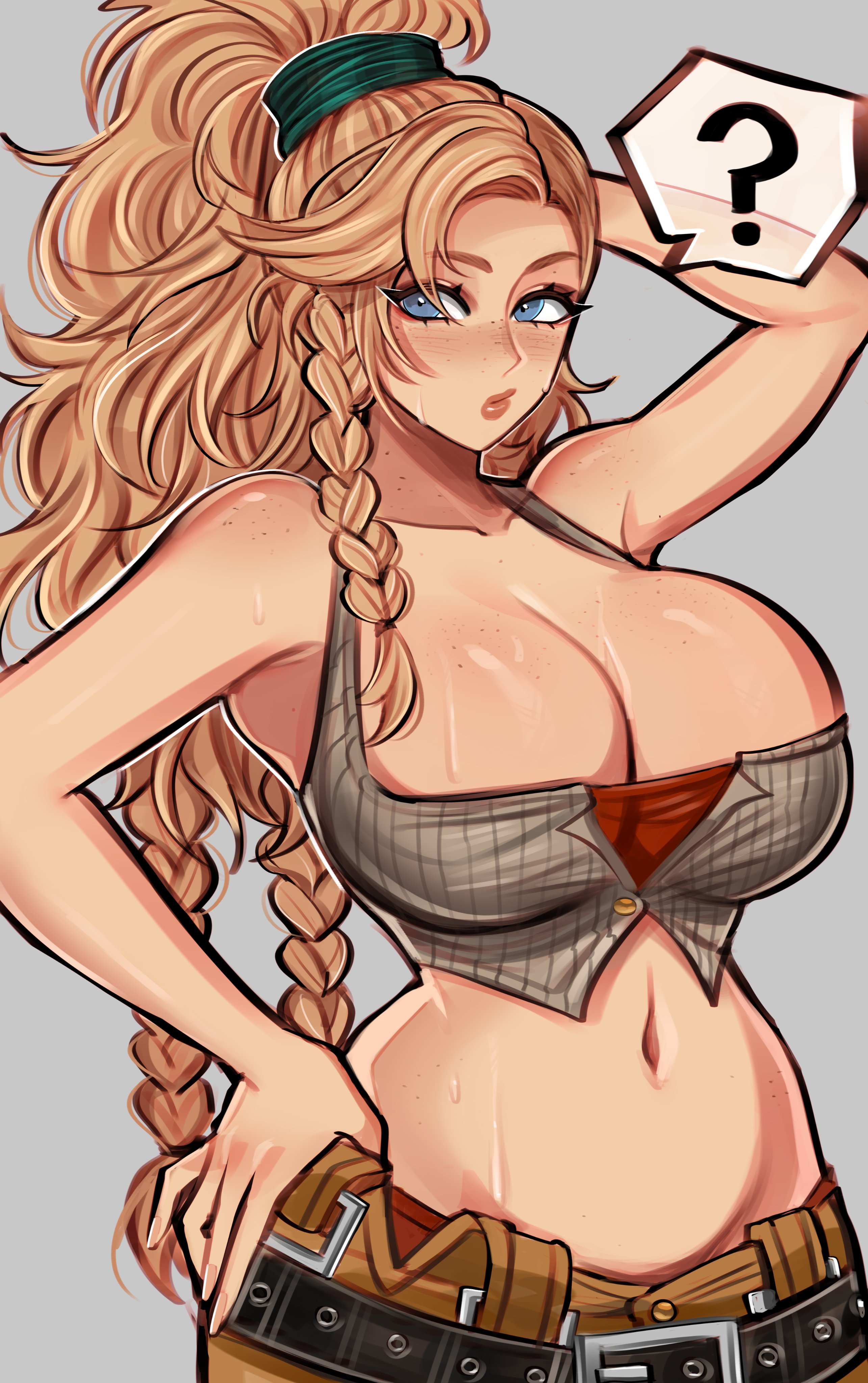 ?, 1girls, artist request, blonde hair, breasts, cleavage, female, female focus, female only, gemma (monster hunter wilds), large breasts, light skin, light-skinned female, looking at viewer, midriff, monster hunter, monster hunter wilds, ruilumen, solo, sweat, wide hips