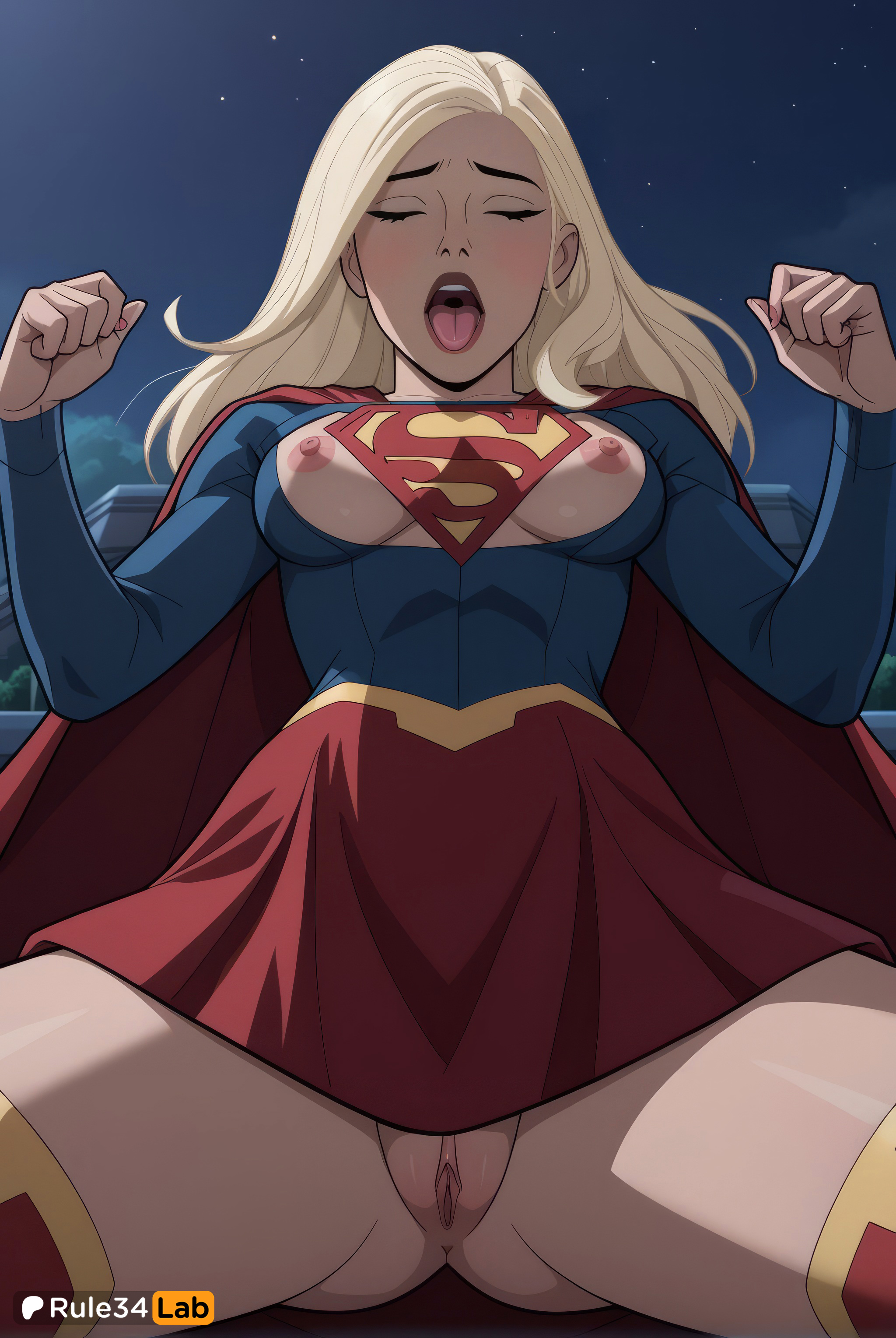 1girls, ai generated, blonde hair, blush, breasts, cape, clenched hands, closed eyes, dc, dc comics, facing viewer, female, female only, hands up, heroine, hi res, kara danvers, kara zor-el, legion of superheroes, long hair, long sleeves, medium breasts, night, nipples, no panties, open mouth, outdoors, pussy, red cape, red skirt, rule34lab, sitting, skirt, sky, solo, spread legs, supergirl, superhero, superman (series), teeth, thighhighs, tomorrowverse, tongue, uncensored