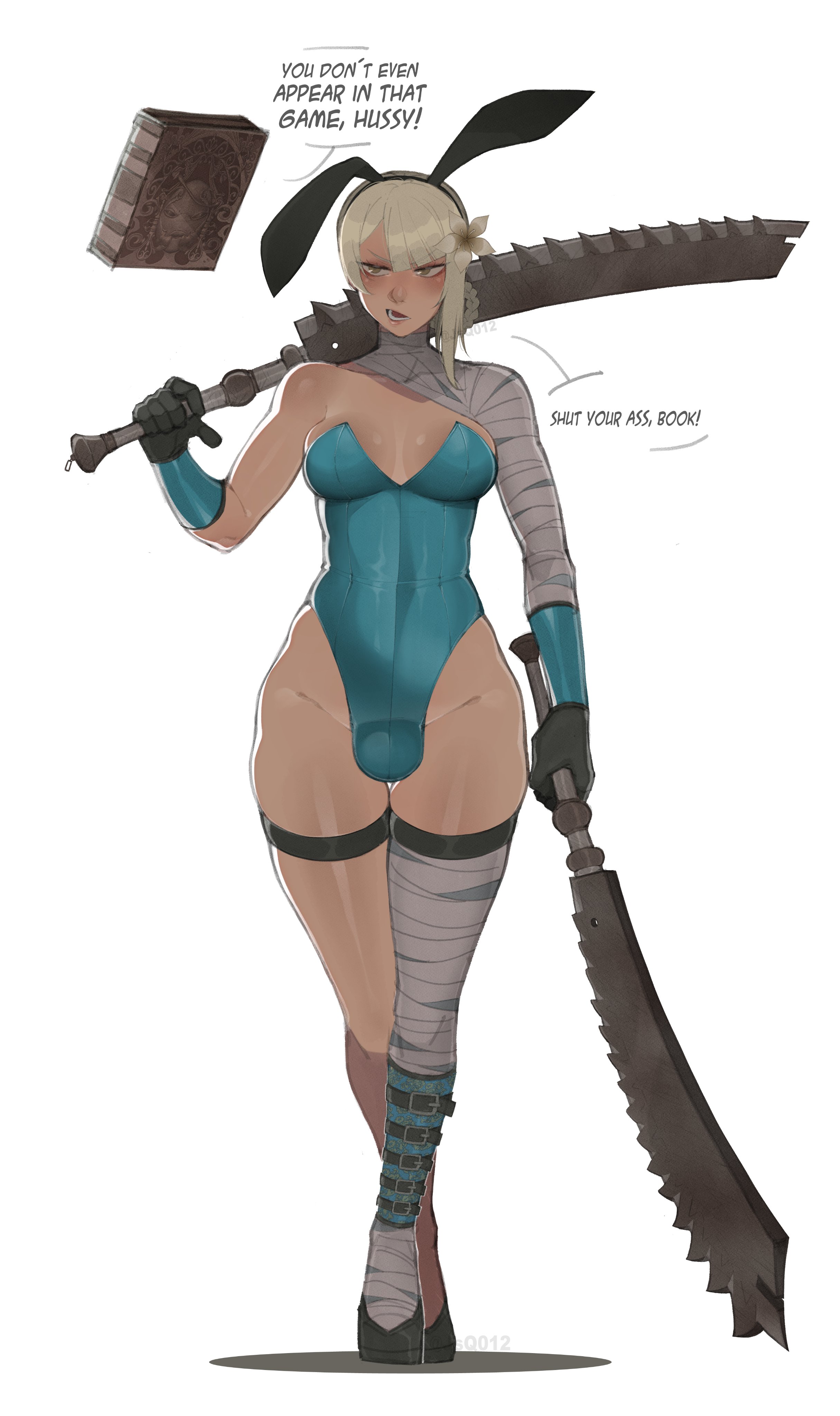 1futa, absurdres, ass visible through thighs, bare shoulders, bow, bowtie, breasts, bulge, bunnysuit, cleavage, english text, frown, futanari, grimoire weiss, hair between eyes, highres, intersex, jsq012, kaine (nier), leaning forward, leotard, long hair, nier, nier replicant, open mouth, simple background, solo, thigh strap, white hair, wrist cuffs