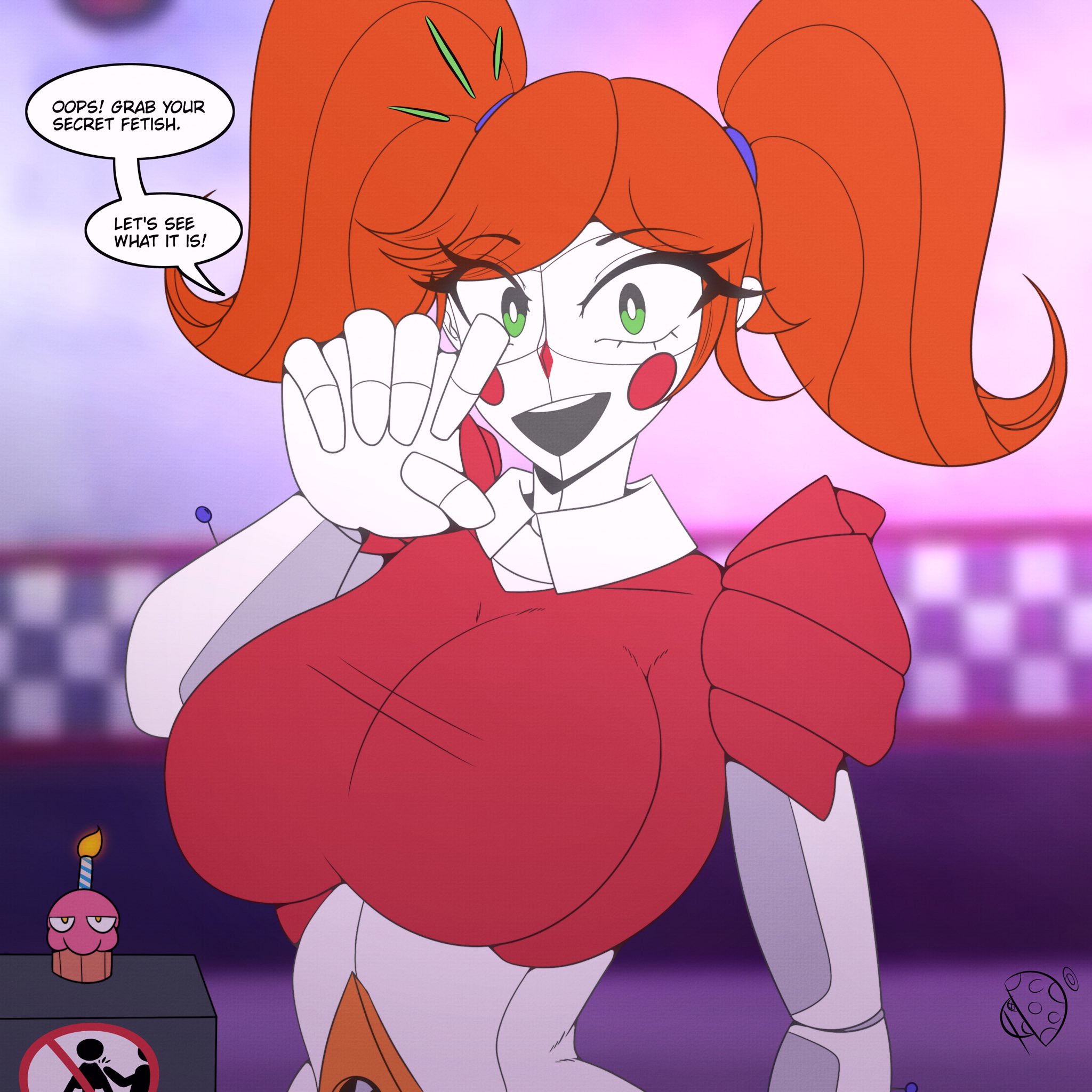 1girls, baby (fnafsl), big breasts, breasts, breasts bigger than head, circus baby, circus baby (fnaf), clown, clown girl, cupcake (fnaf), dialogue, female, five nights at freddy's, five nights at freddy's: sister location, five nights in anime, fnaf, fnia, green hair, hand, orange hair, pov, robot girl, solo, talking to viewer, text, text bubble, tr yithaz