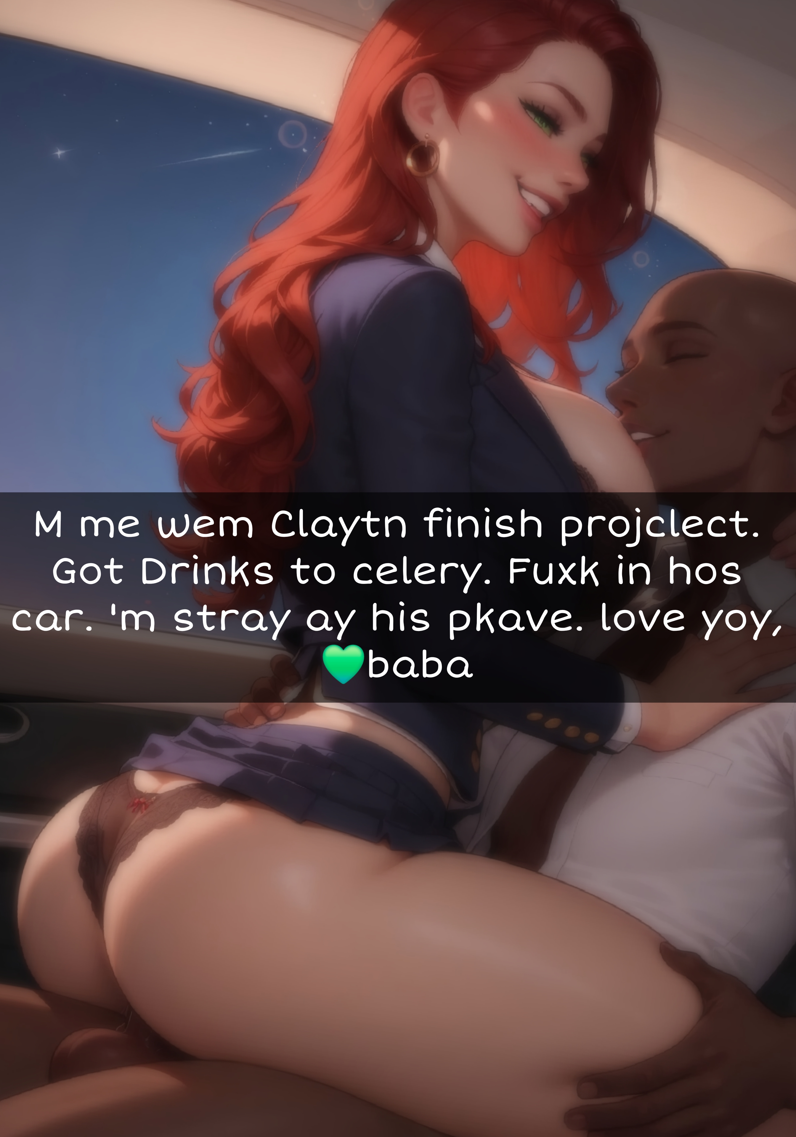 ai generated, backseat, blurred character, blurry, breasts, caption, cheating, cuckold, dark skin, dark-skinned male, dialogue, drunk, drunk sex, english text, female, grabbing, grabbing thighs, green eyes, human, human female, interracial, lace bra, lace panties, large breasts, light skin, light-skinned female, male, male/female, misspelling, morgan bewick, netorare, ntr, office clothing, red hair, seated, smile, snapchat, vehicle