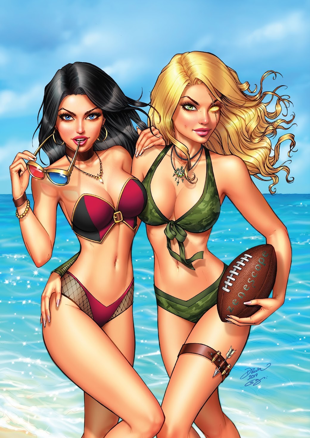 2girls arrow arrow_(weapon) arrows beach bikini biting_glasses black_hair blonde_hair blue_eyes camo_print camouflage_bikini earrings eyewear_removed female football glowing_eye green_eyes hand_on_another's_hip holding_object liesel_van_helsing necklace red_and_black_bikini robyn_hood robyn_locksley scar_across_eye scar_on_face sunglasses two-piece_swimsuit two_tone_glasses water zenescope zenescope_entertainment