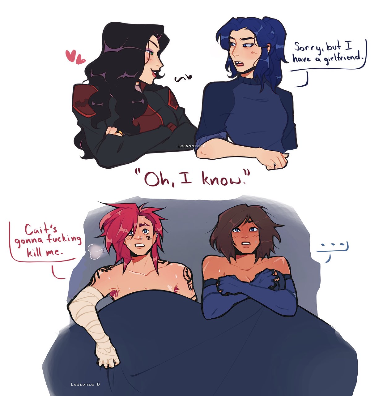 4girls, after sex, arcane, arcane caitlyn, arcane vi, asami sato, avatar the last airbender, black hair, caitlyn kiramman, crossover, dark skin, dark-skinned female, female, interracial yuri, korra, league of legends, lesbian sex, lessonzer0, swingers, tagme, the legend of korra, twiligh7s ep, vi, yuri