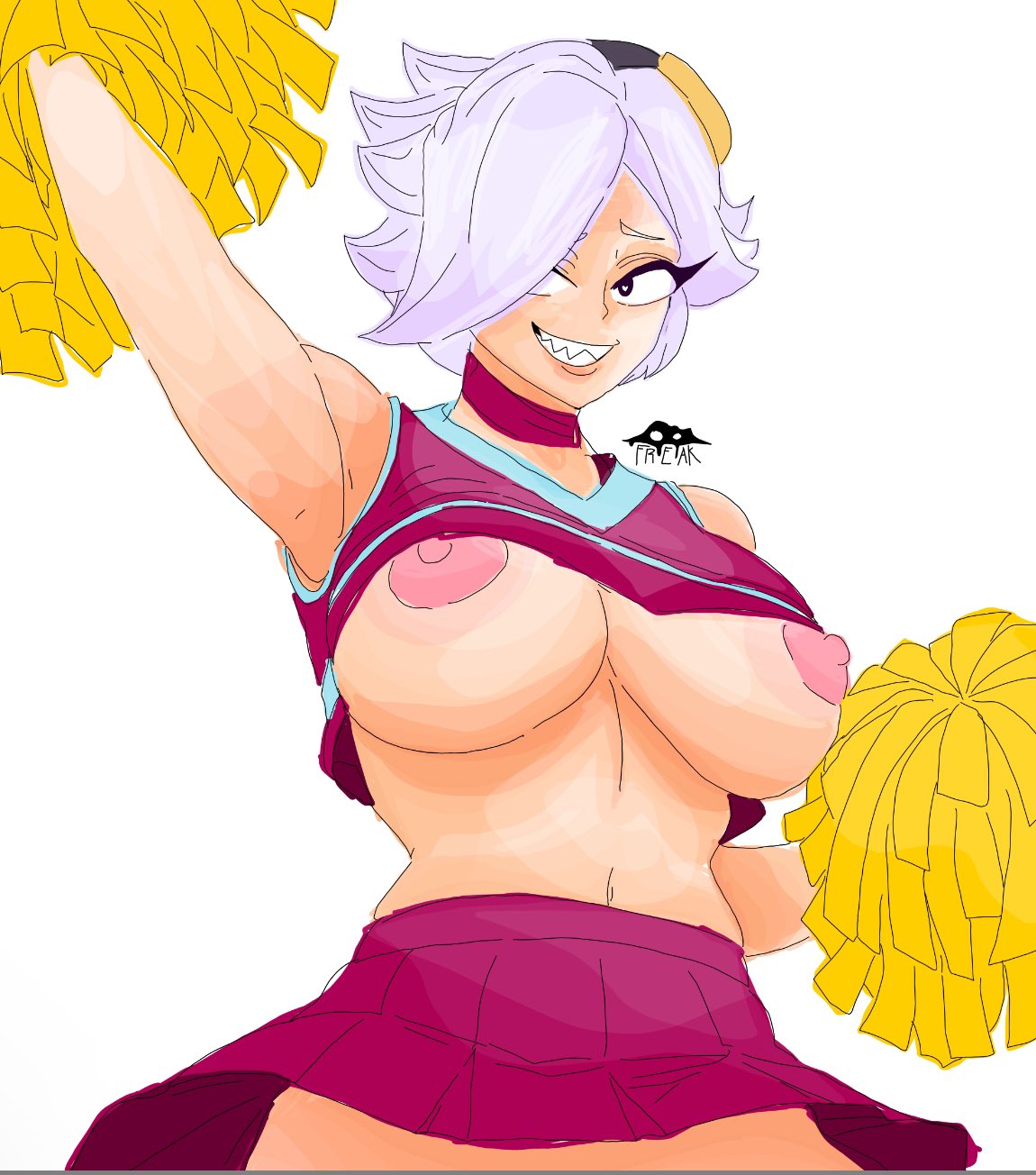 brawl stars, breasts, breasts out, cheerleader uniform, colette (brawl stars), dplasma, female, smile, supercell, white background, white hair