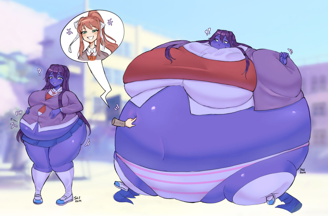 before and after, blueberry, blueberry inflation, blueberry juice, clothes ripped, clothes ripping, confused, doki doki literature club, embarrassed, exposed panties, female, immobile, inflation, mahitogotbro, monika (doki doki literature club), motion lines, purple hair, ripped clothing, ripped skirt, school uniform, schoolgirl, schoolgirl uniform, sile2011, smug, smug face, spherical inflation, tagme, yuri (doki doki literature club)