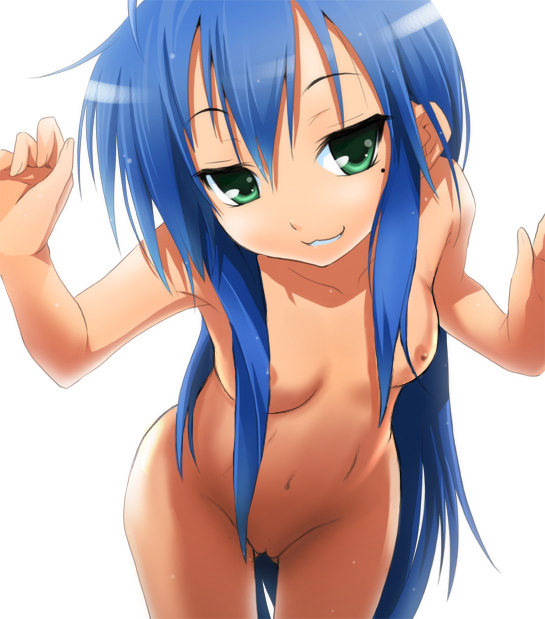 blue_hair breasts female green_eyes grin human konata_izumi long_hair lucky_star mole naughty_face navel nilitsu nipples nude photoshop pussy small_breasts solo uncensored