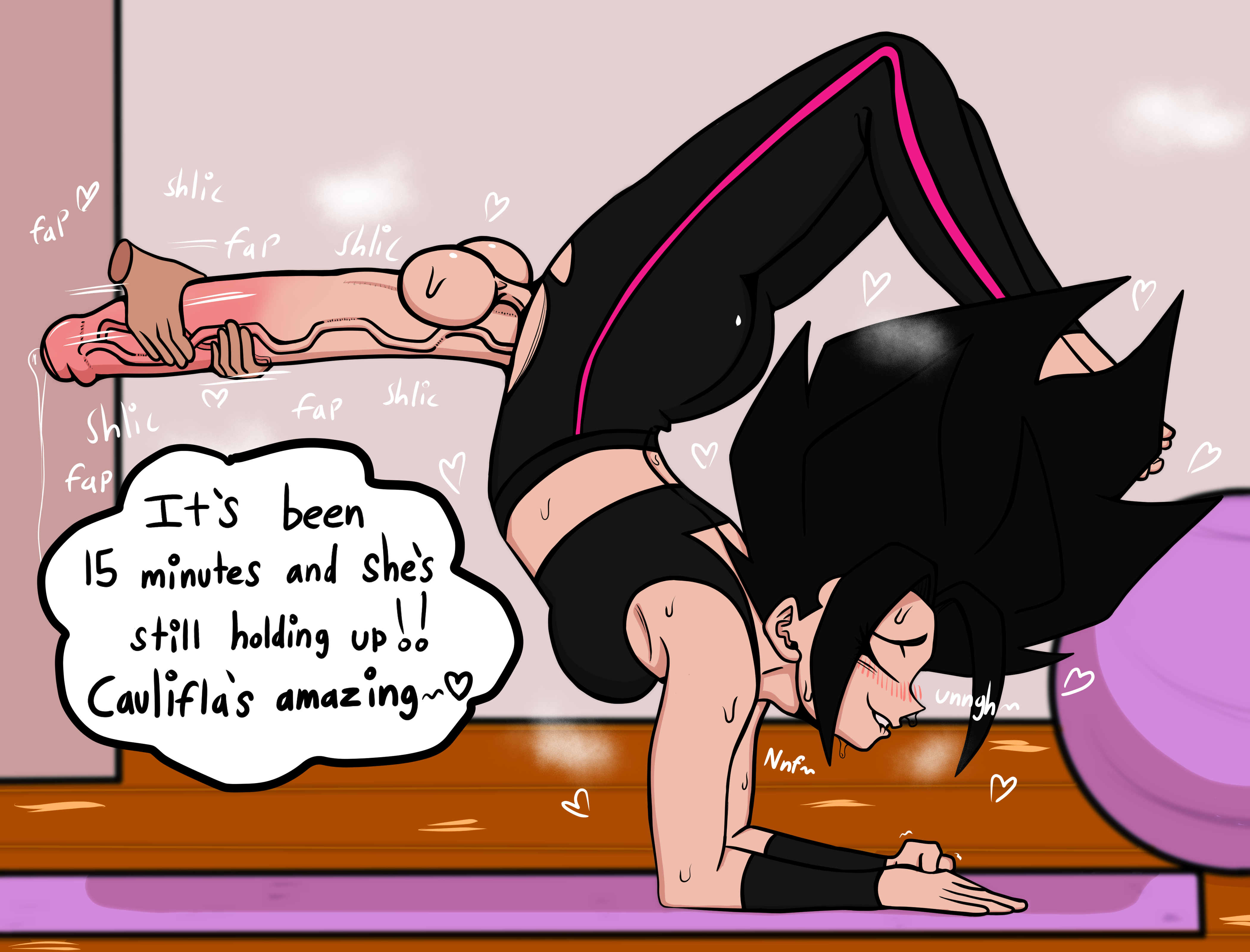 balls, big ass, big balls, big penis, black hair, caulifla, closed eyes smile, dragon ball, dragon ball super, floating hands, futanari, intersex, jerkingoff another, penis, ripped pants, skurigami, sweaty, yoga, yoga pants, yoga pose