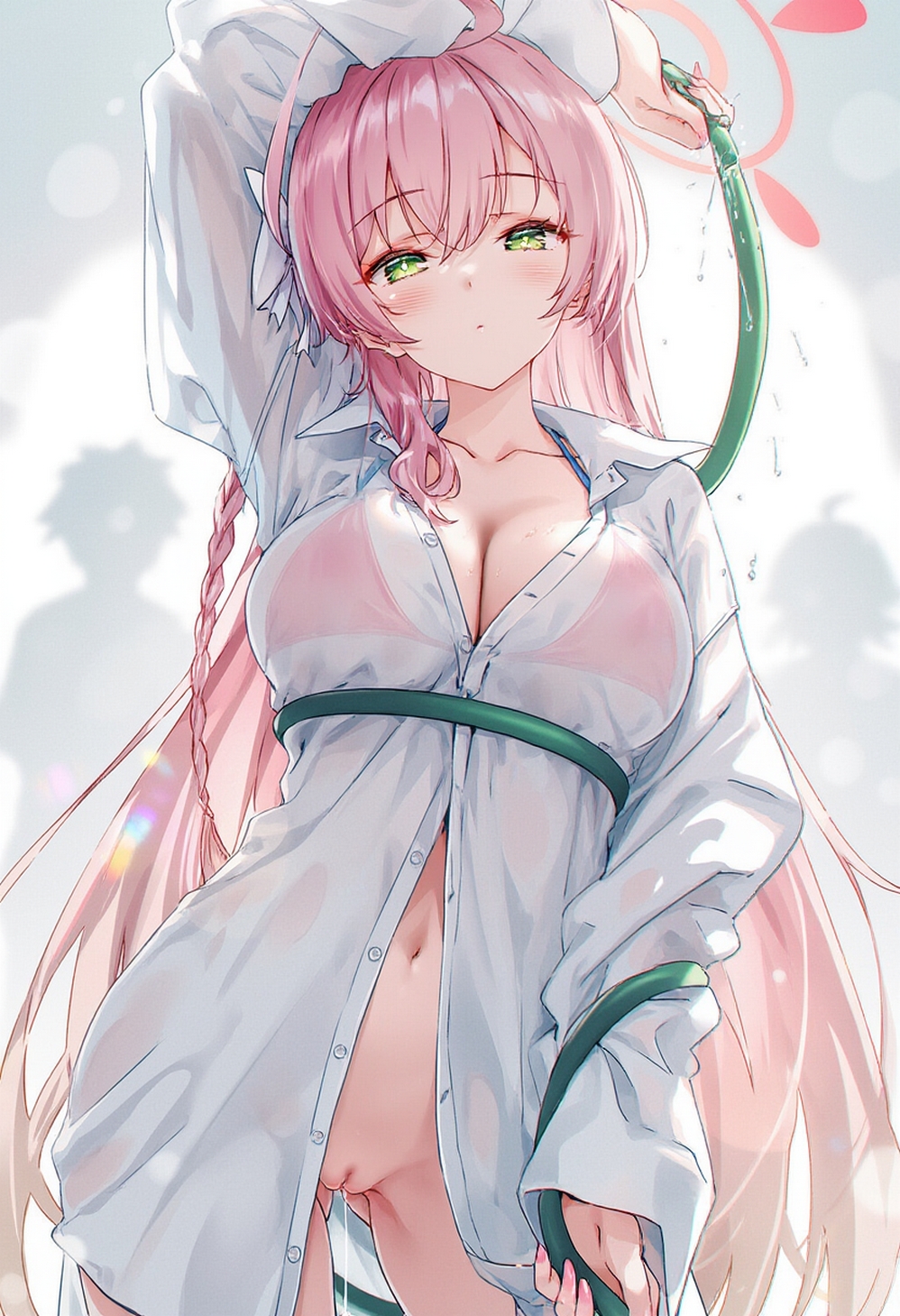 1girls, ai generated, blue archive, breasts, female, female only, hanako (blue archive), hanako (swimsuit) (blue archive), no bikini bottom, pink bikini top, pink hair, pussy, pussy focus, pussy peek, raaicave