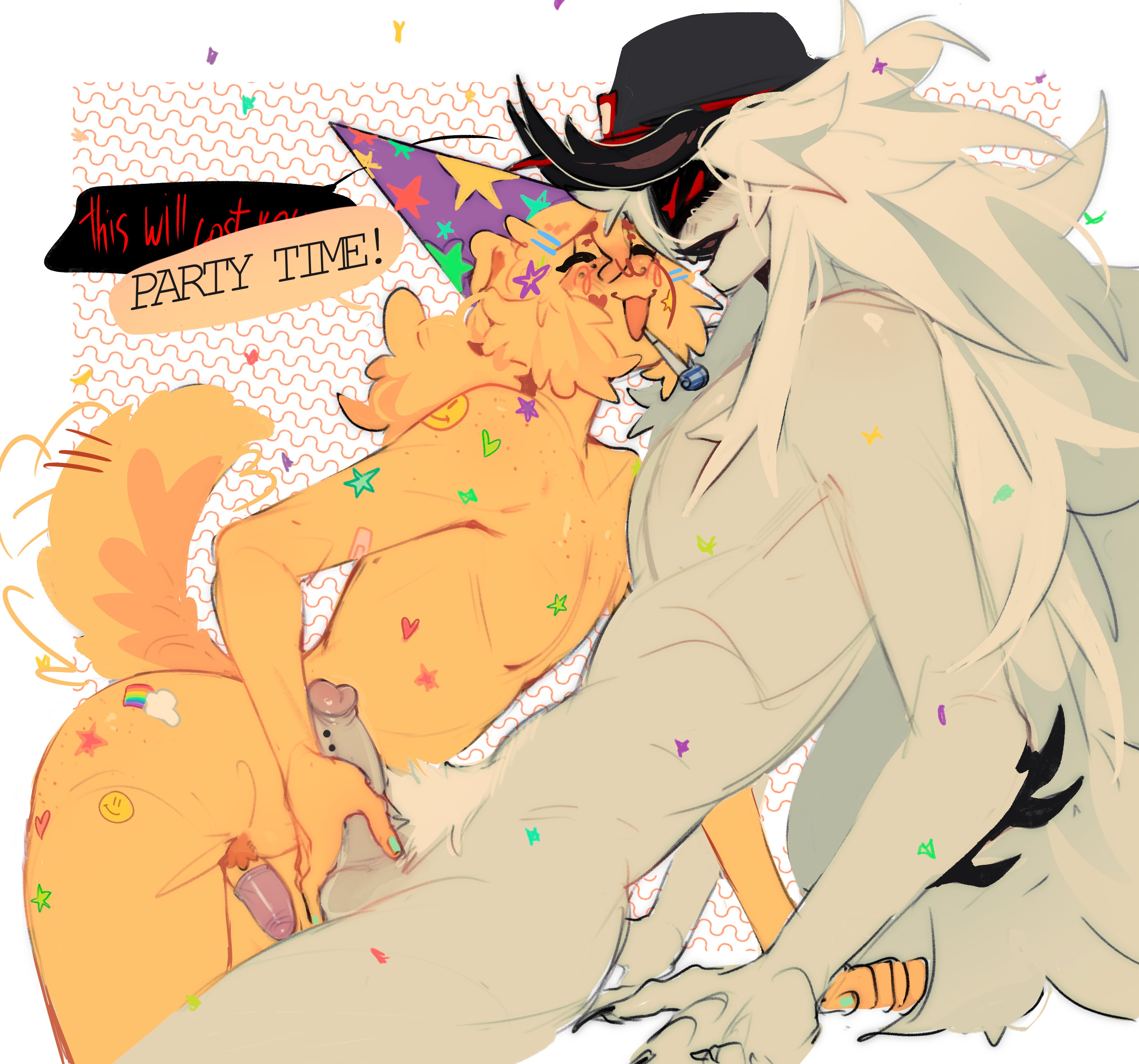 2boys, annoyed, annoyed expression, balls, big penis, blush, condom, condom on penis, confetti, dialogue, dog ears, dog tail, dogboy, english text, gay, grabbing, grabbing penis, ilewdha, long hair, male, male only, nipples covered, nude, penis, pest (regretevator), pierced genitals, poob (regretevator), regretevator, roblox, roblox game, robloxian, sharp claws, size difference, small penis, smile, speech bubble, stickers, stickers on body, tagme, text, wagging tail, yaoi