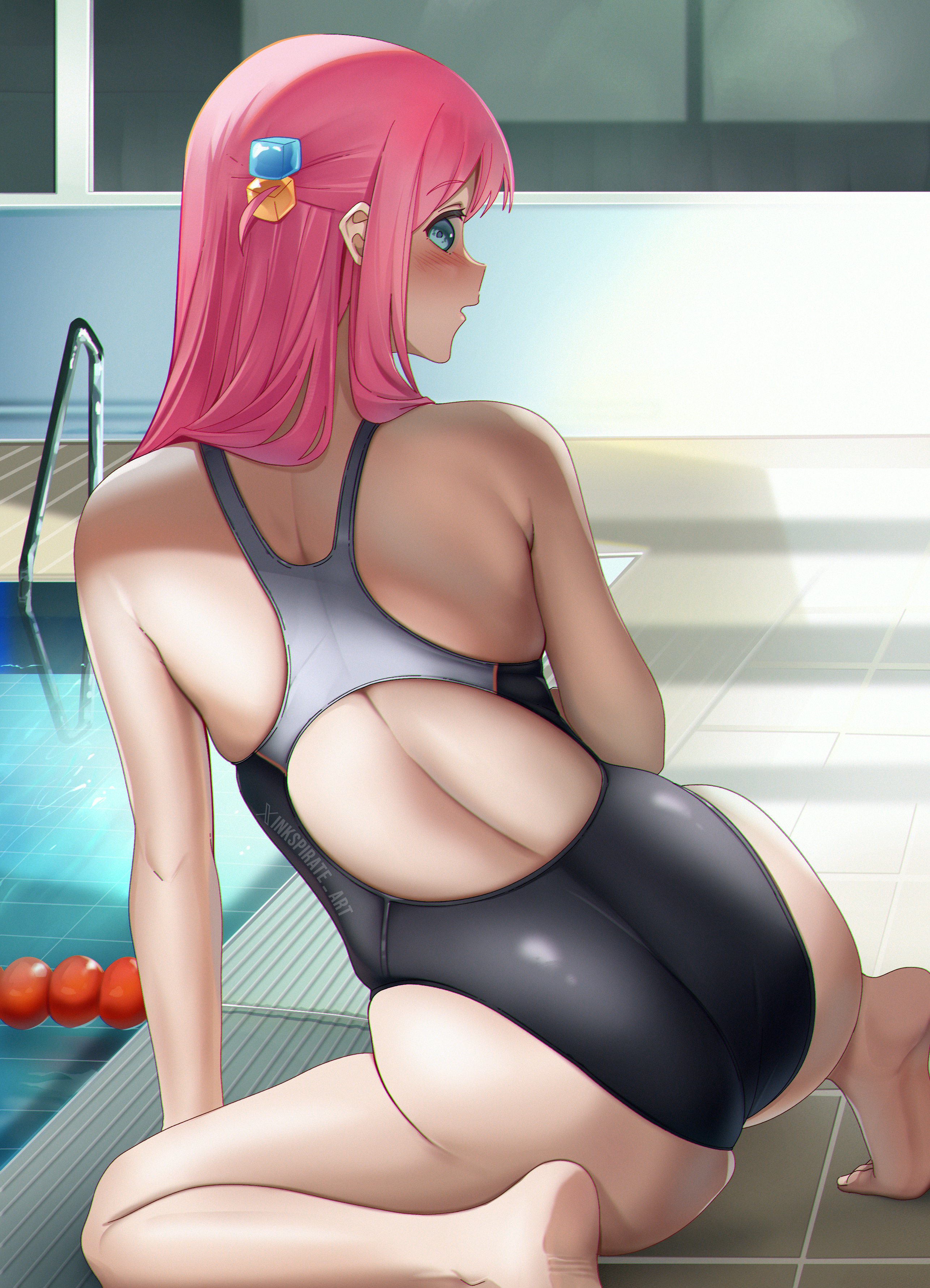 blue eyes, bocchi the rock!, female, gotou hitori, inkspirate, looking back, pink hair, solo female, swimsuit