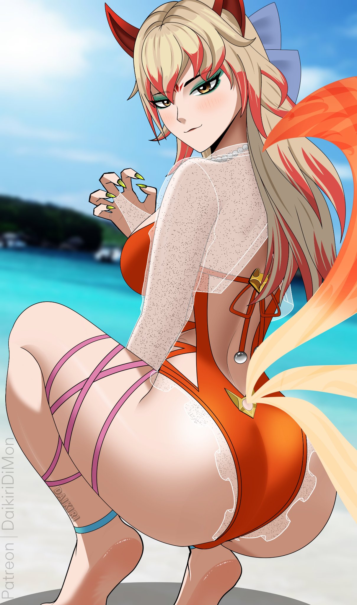 2d, ami han, ass, ass focus, beach, big ass, blonde hair, brown eyes, clothed, daikiri di mon, fox girl, fully clothed, marvel, marvel rivals, multicolored hair, smiling, smiling at viewer, solo, solo female, tail, white fox (coastal kumiho), white fox (marvel rivals), white fox (marvel)